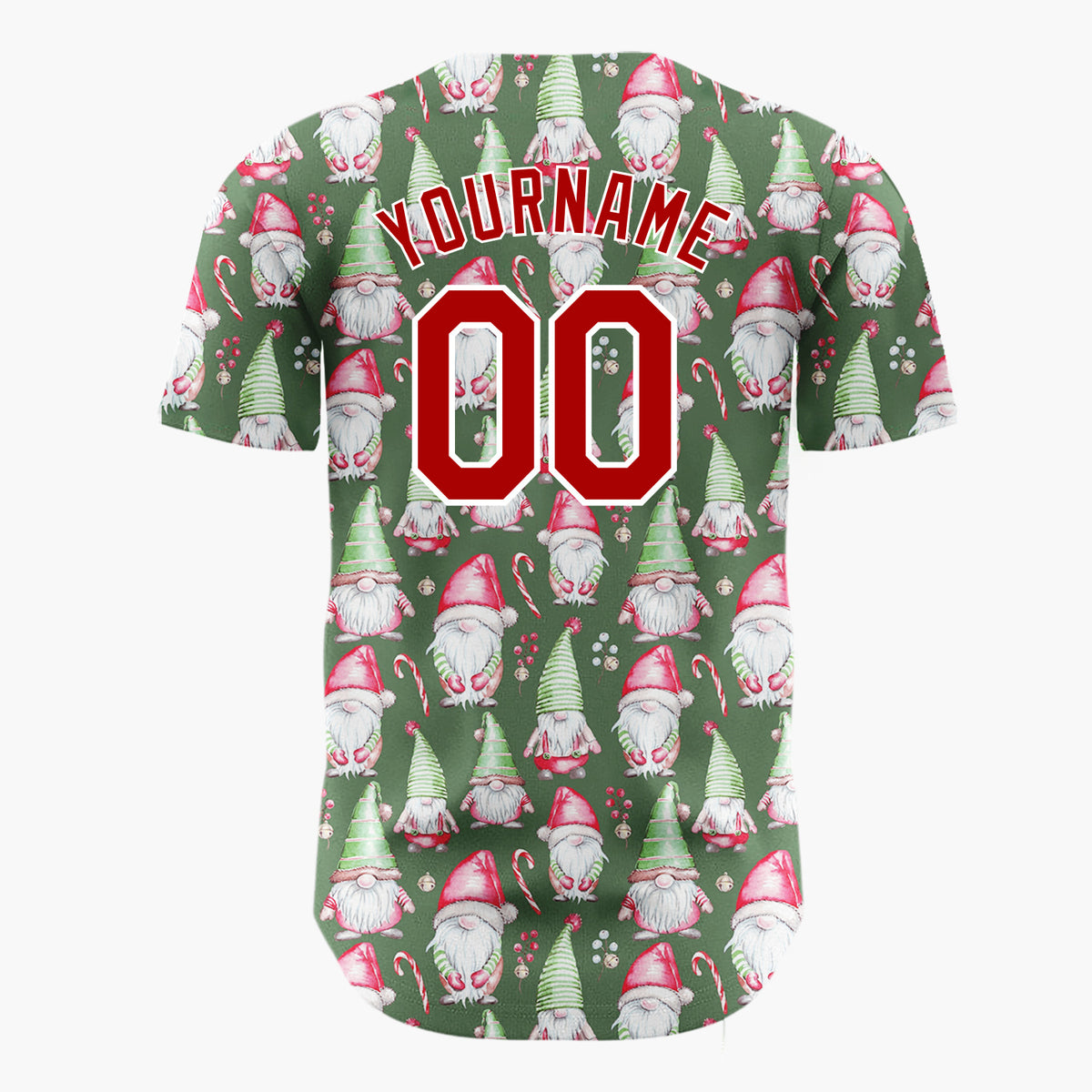Custom Dark Green Gnomes And Candy Canes Watercolor Christmas Baseball Jersey