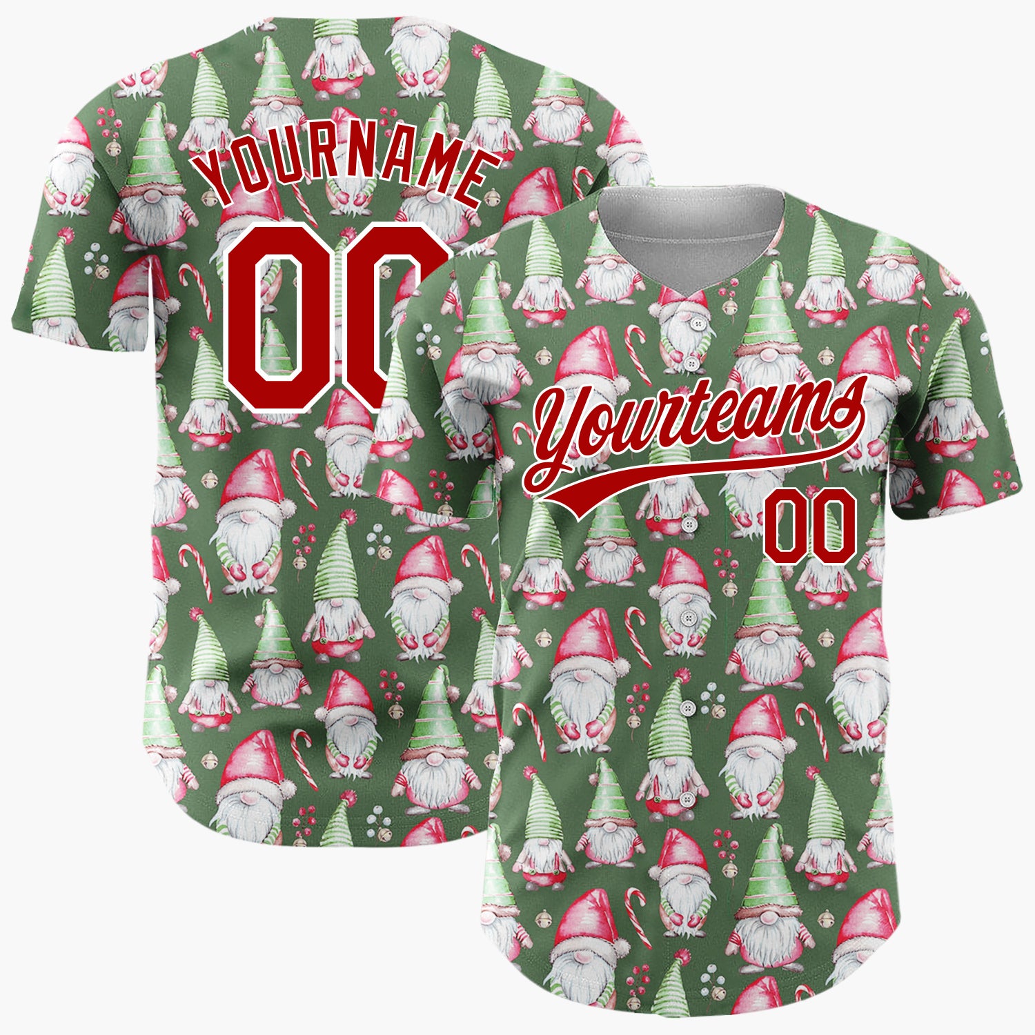 Custom Dark Green Gnomes And Candy Canes Watercolor Christmas Baseball Jersey