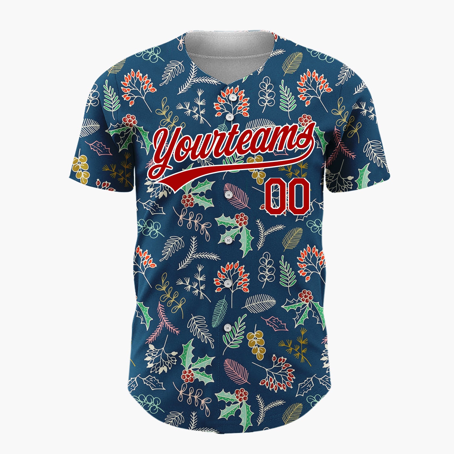 Custom Dark Blue Holly And Winter Foliage Detailed Botanical Pattern Christmas Baseball Jersey