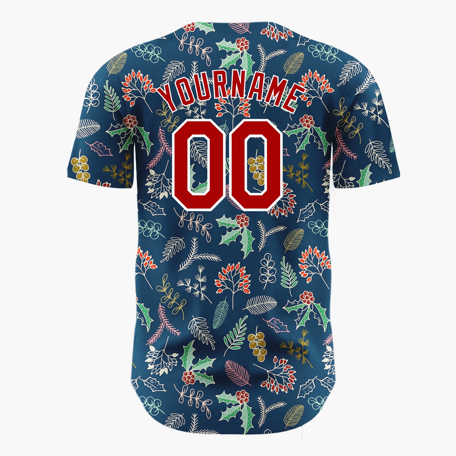 Custom Dark Blue Holly And Winter Foliage Detailed Botanical Pattern Christmas Baseball Jersey