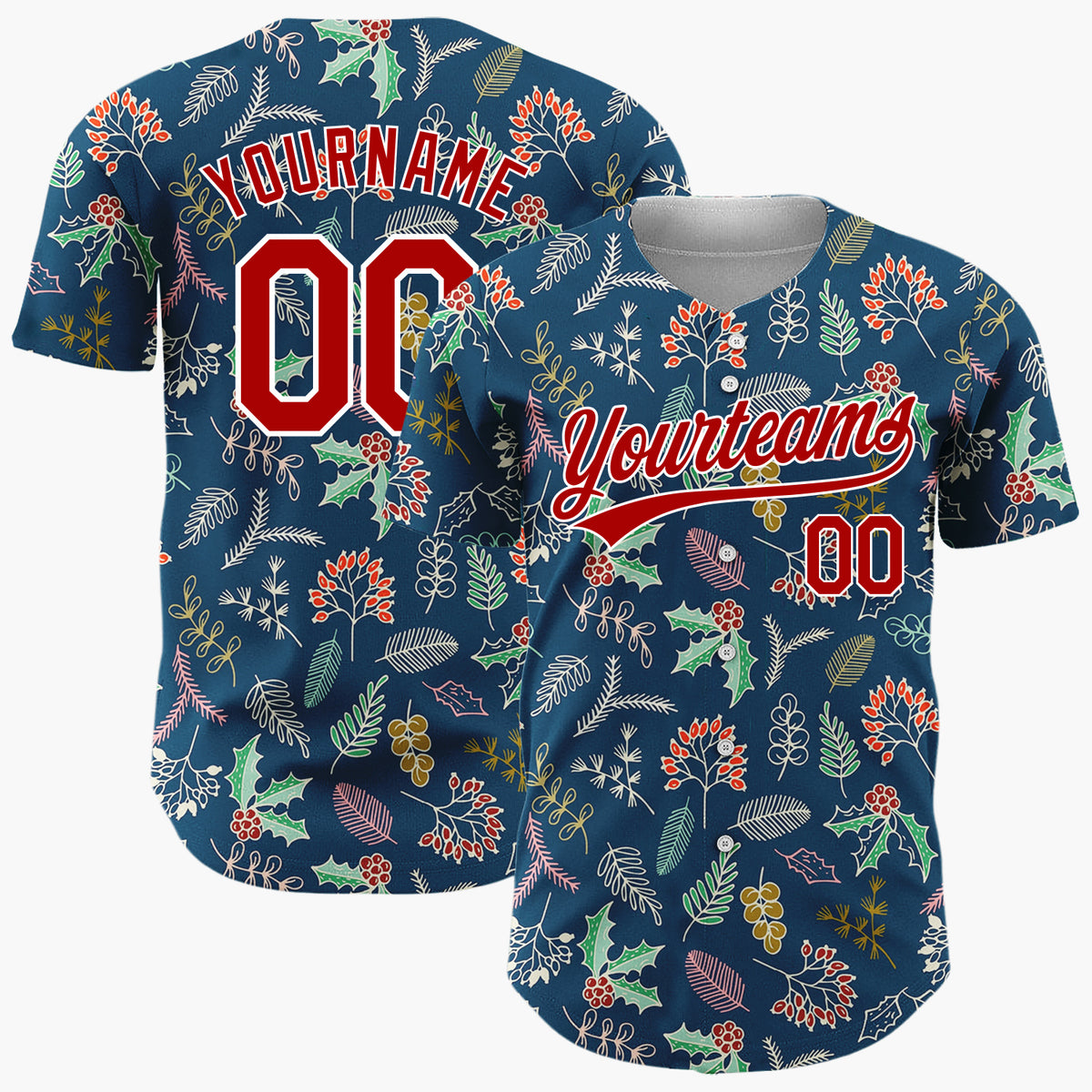 Custom Dark Blue Holly And Winter Foliage Detailed Botanical Pattern Christmas Baseball Jersey