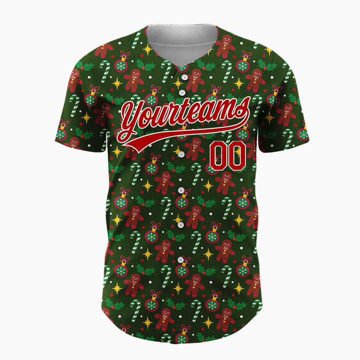 Custom Dark Green Brown Gingerbread Candy Canes And Stars Festive Christmas Baseball Jersey