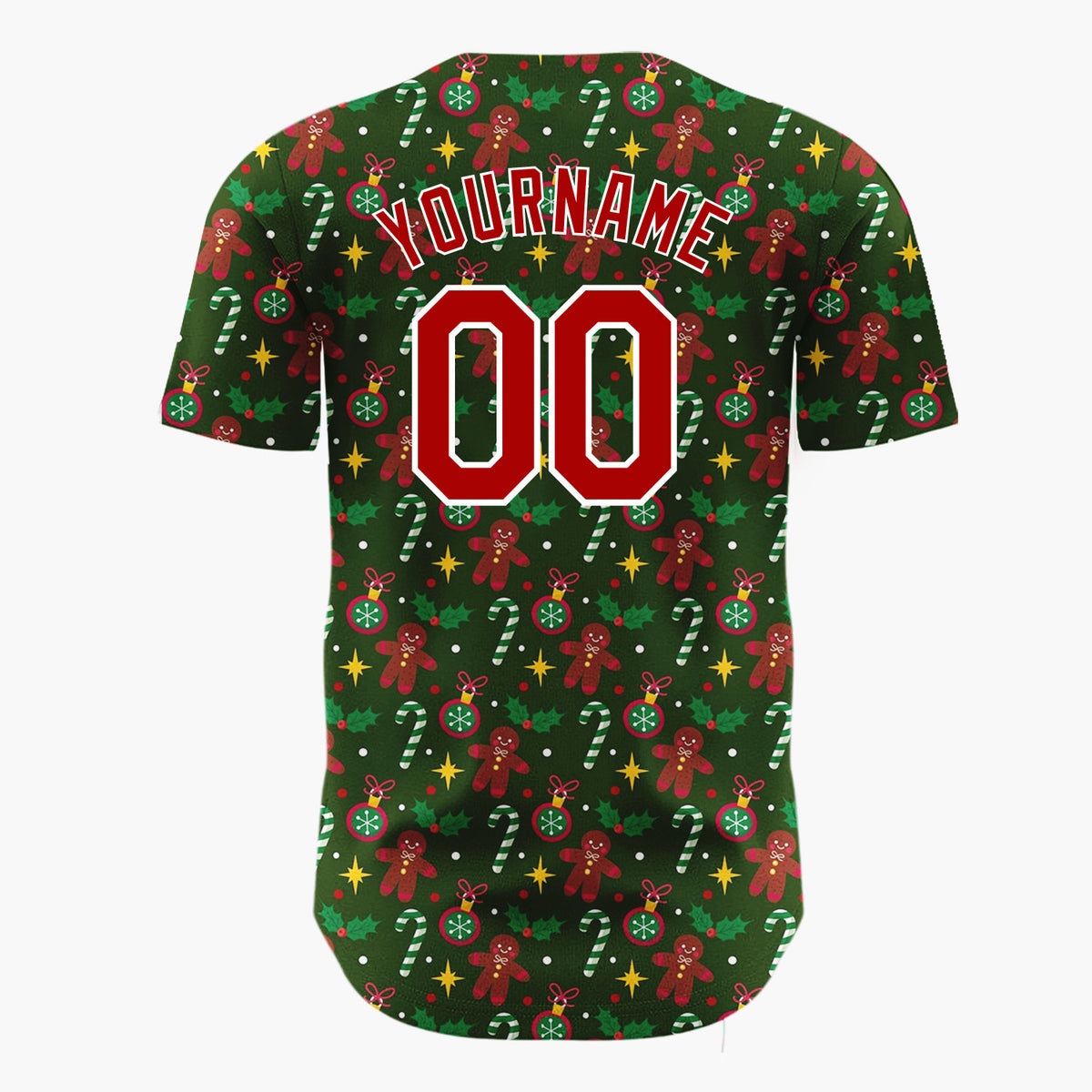 Custom Dark Green Brown Gingerbread Candy Canes And Stars Festive Christmas Baseball Jersey