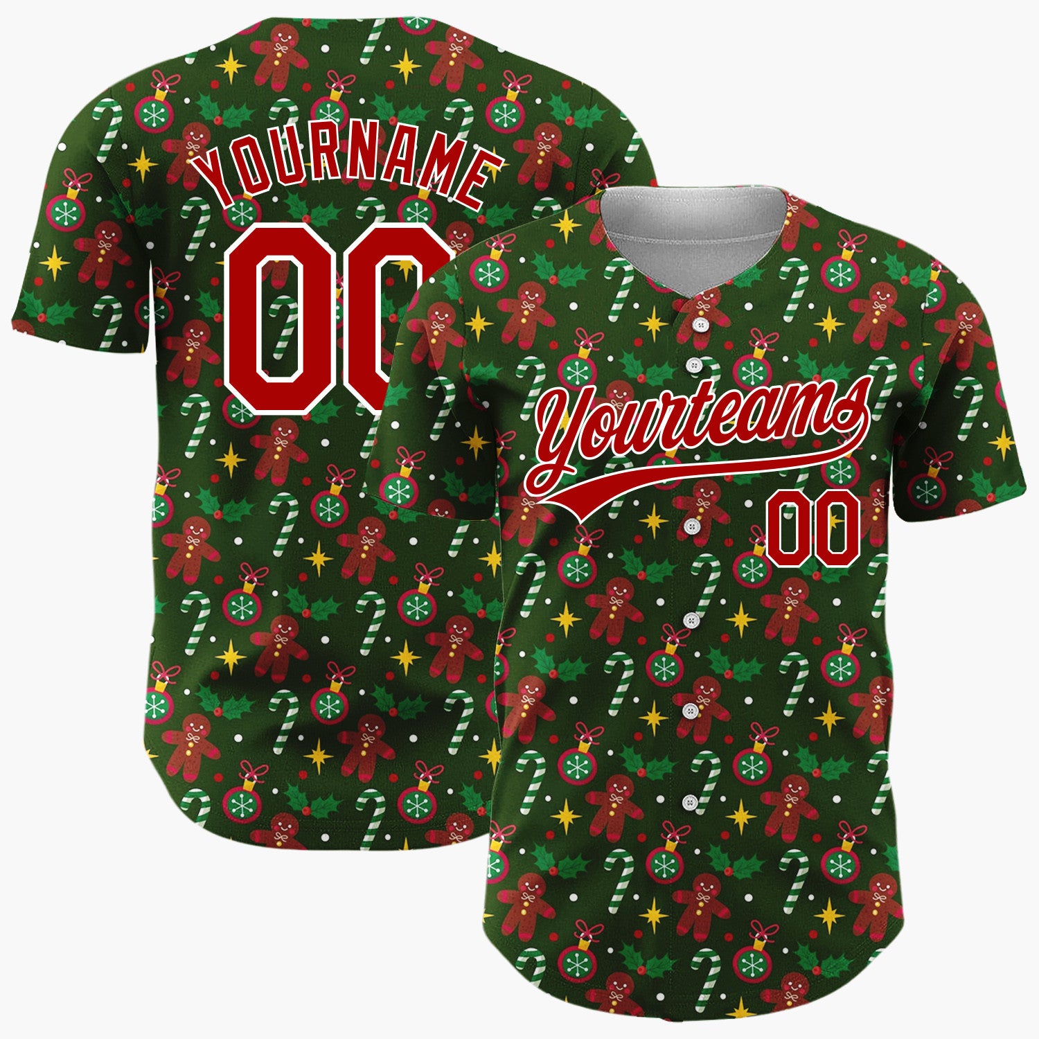 Custom Dark Green Brown Gingerbread Candy Canes And Stars Festive Christmas Baseball Jersey