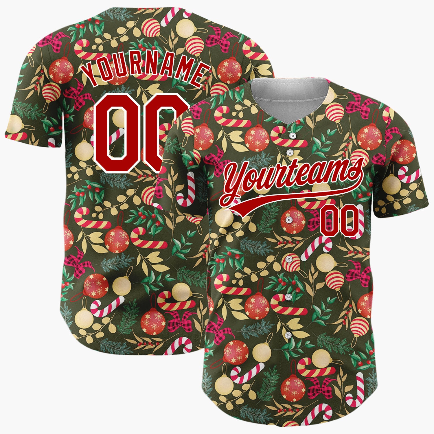 Custom Dark Green Christmas Flowers Doodles Cartoon Pattern Christmas Baseball Jersey