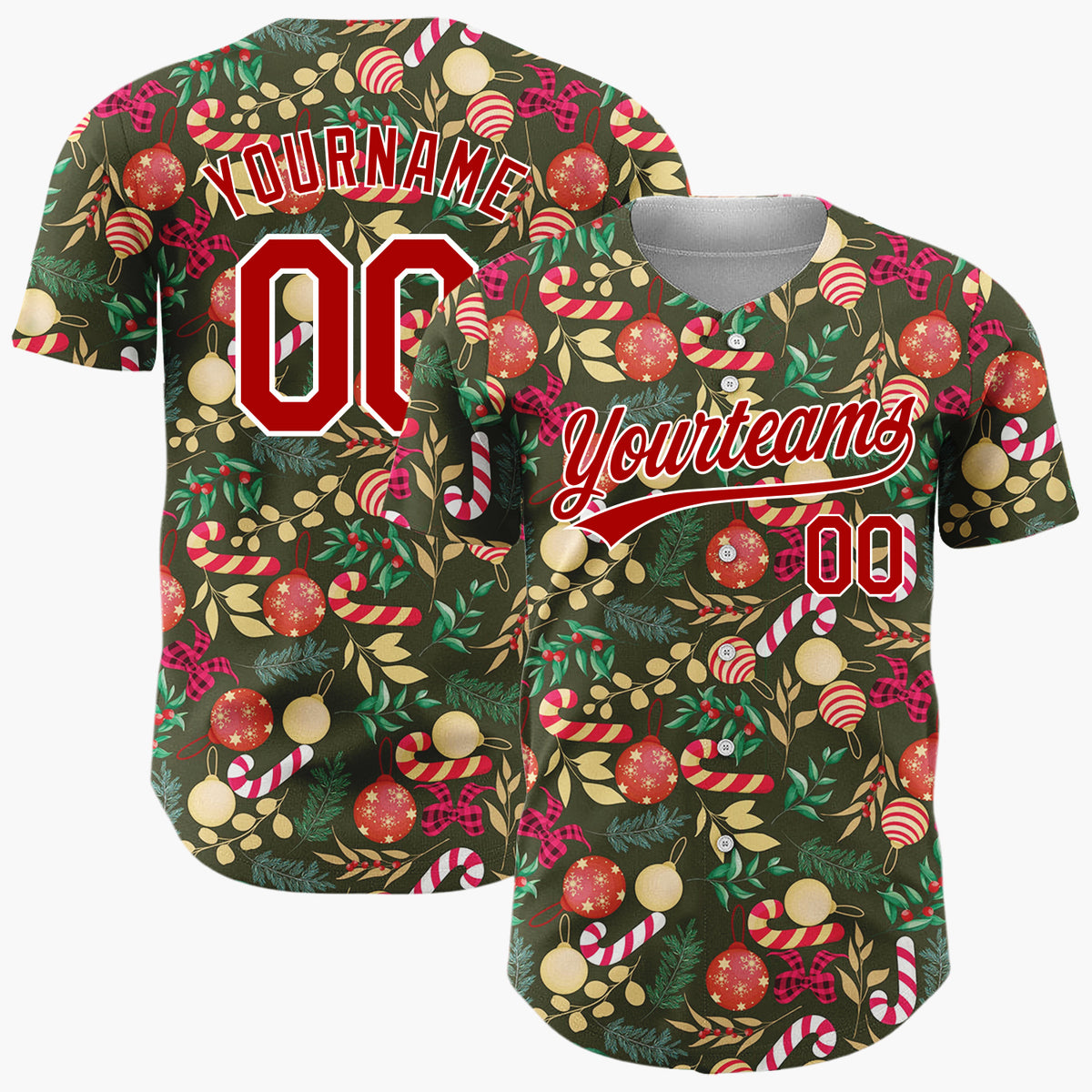 Custom Dark Green Christmas Flowers Doodles Cartoon Pattern Christmas Baseball Jersey