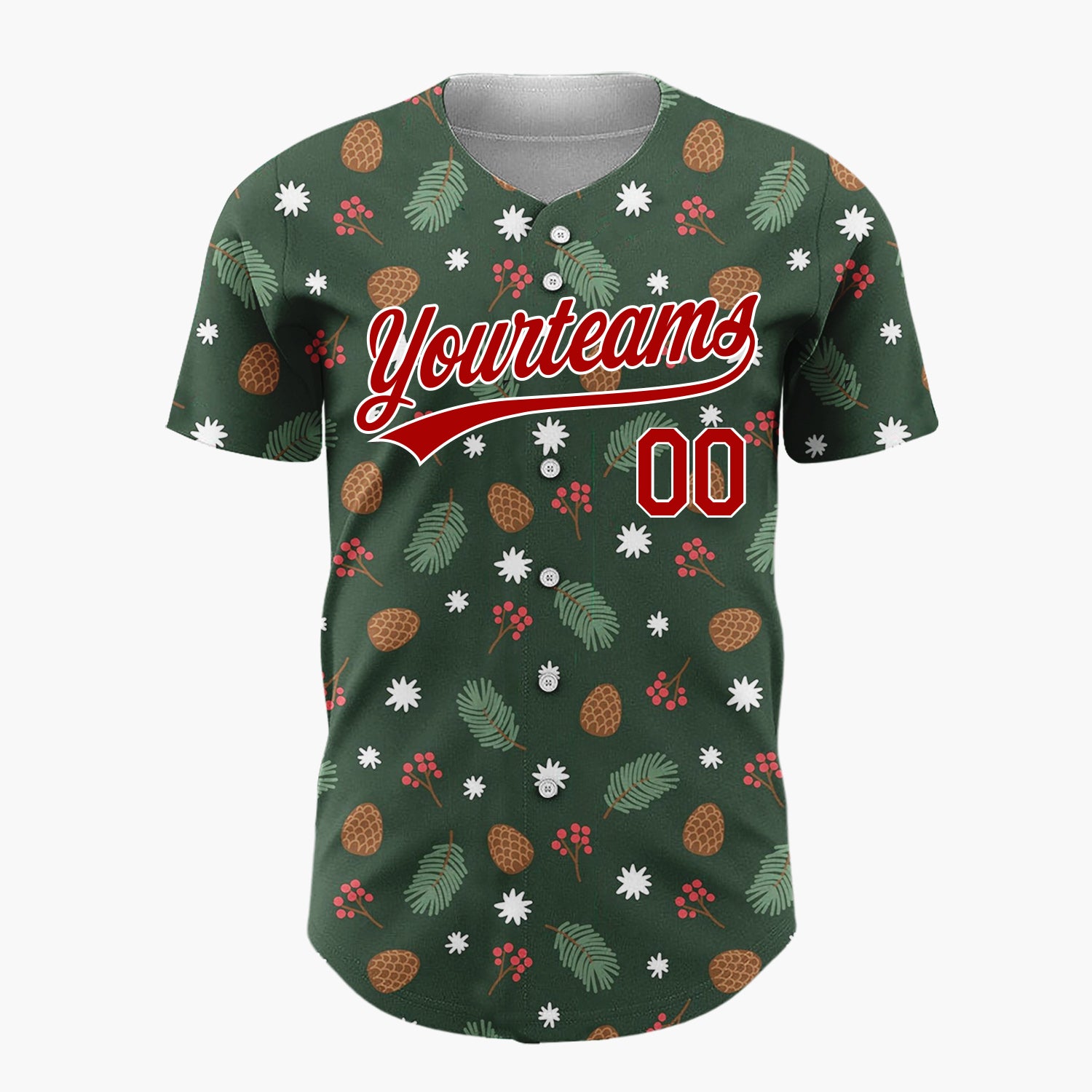 Custom Dark Green Pinecones Berries Minimalist Cartoon Pattern Christmas Baseball Jersey