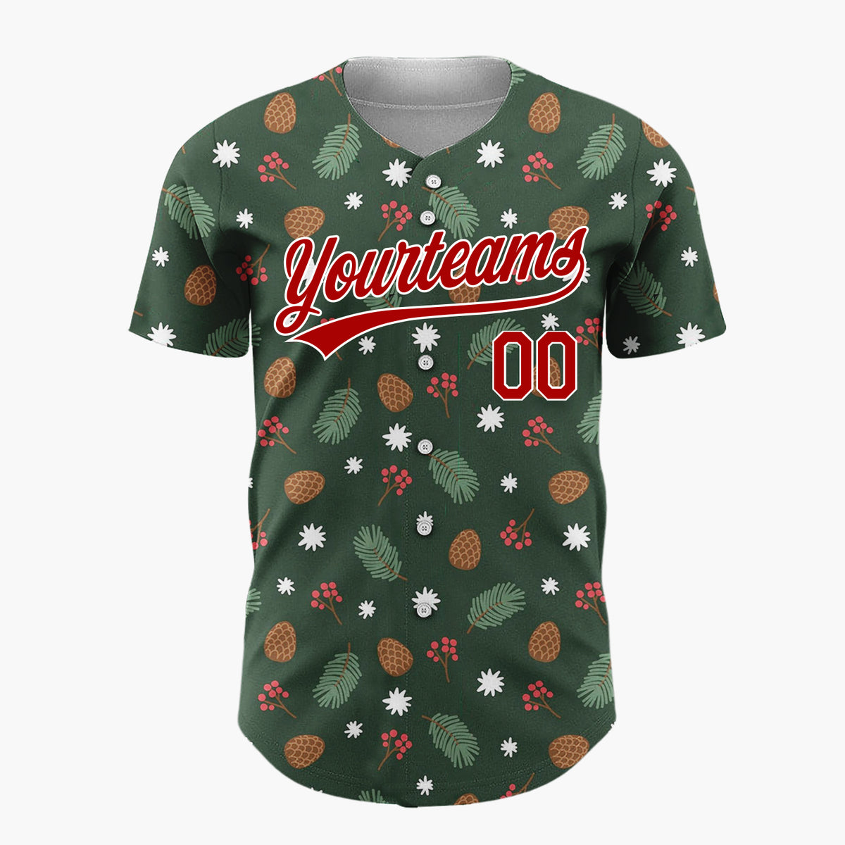 Custom Dark Green Pinecones Berries Minimalist Cartoon Pattern Christmas Baseball Jersey