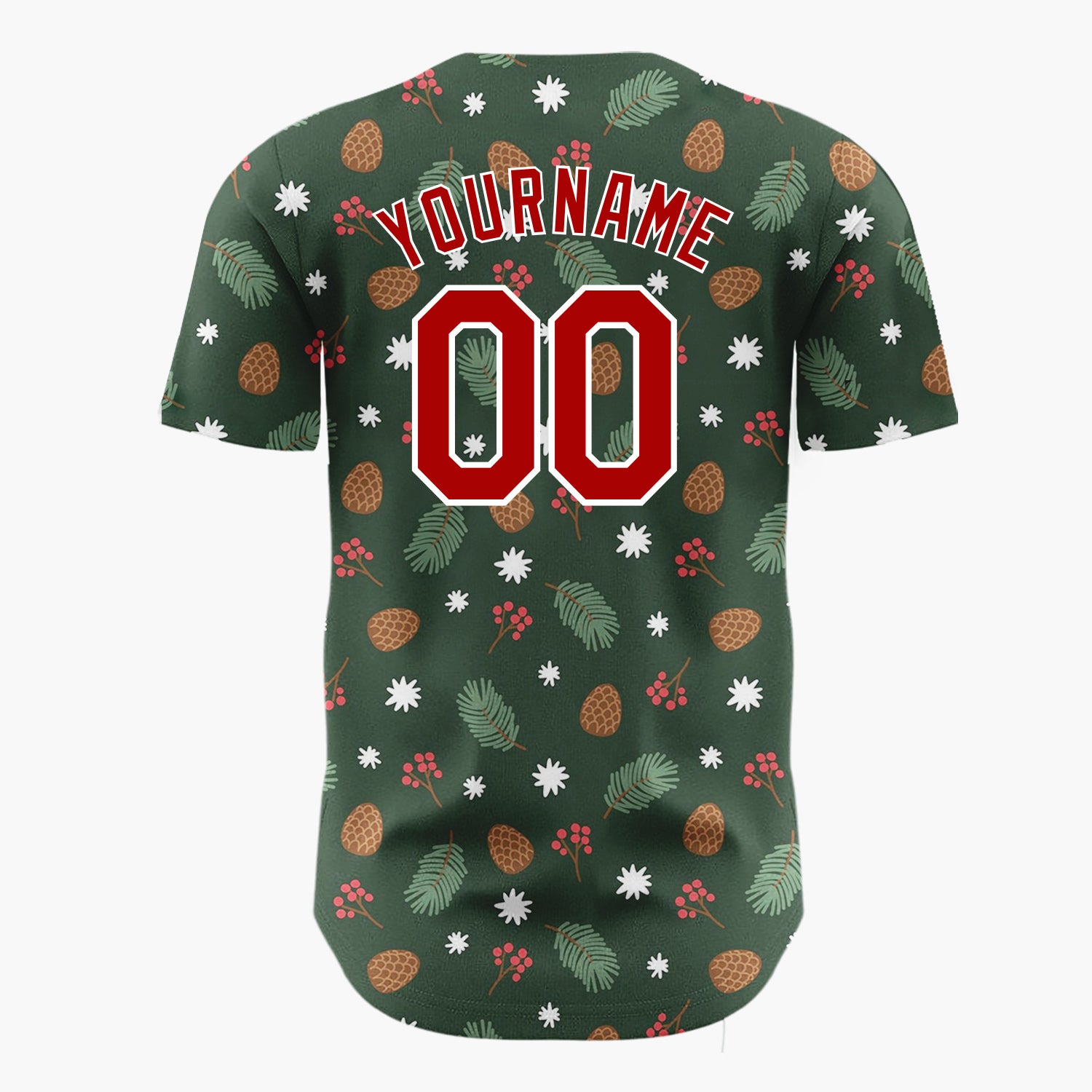 Custom Dark Green Pinecones Berries Minimalist Cartoon Pattern Christmas Baseball Jersey