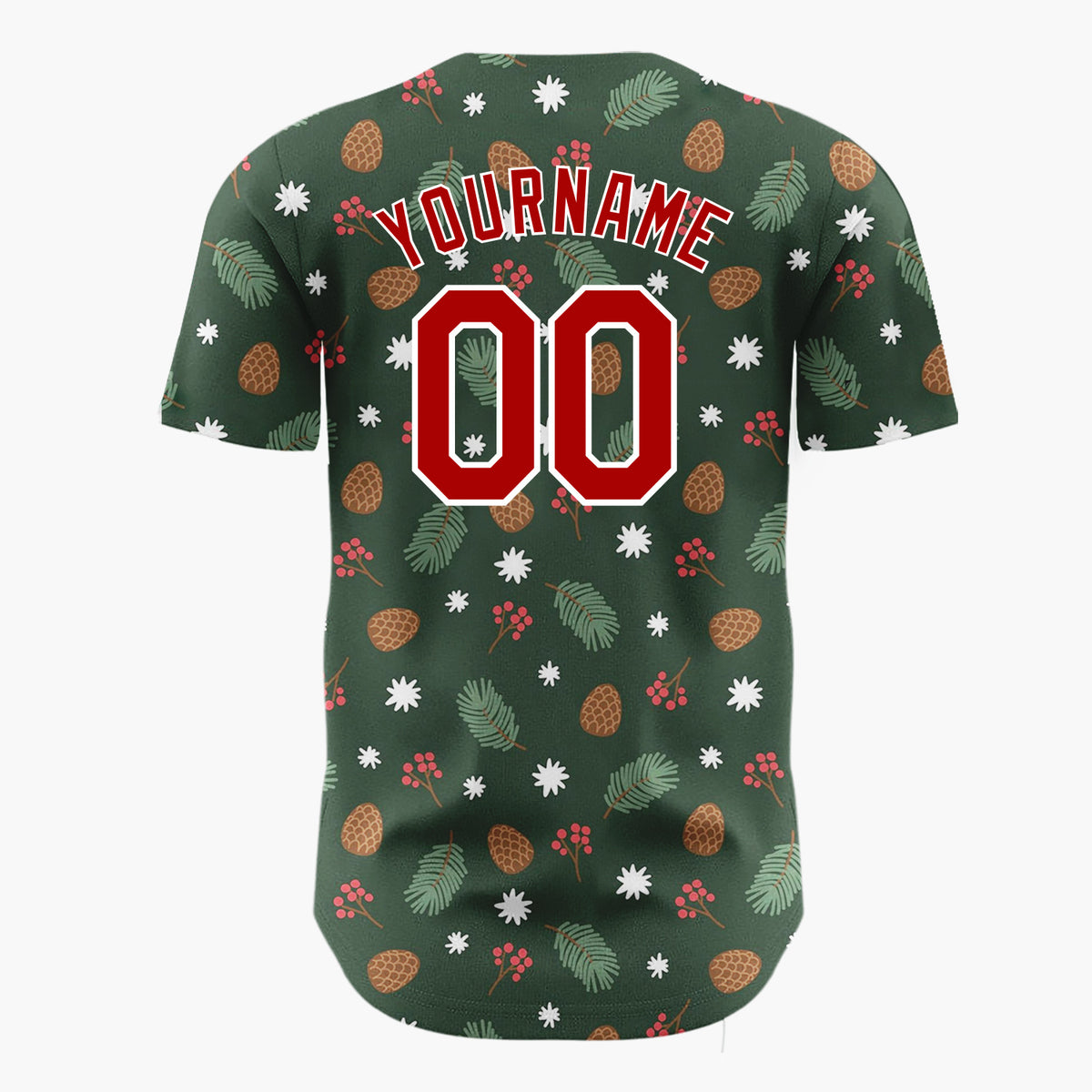 Custom Dark Green Pinecones Berries Minimalist Cartoon Pattern Christmas Baseball Jersey