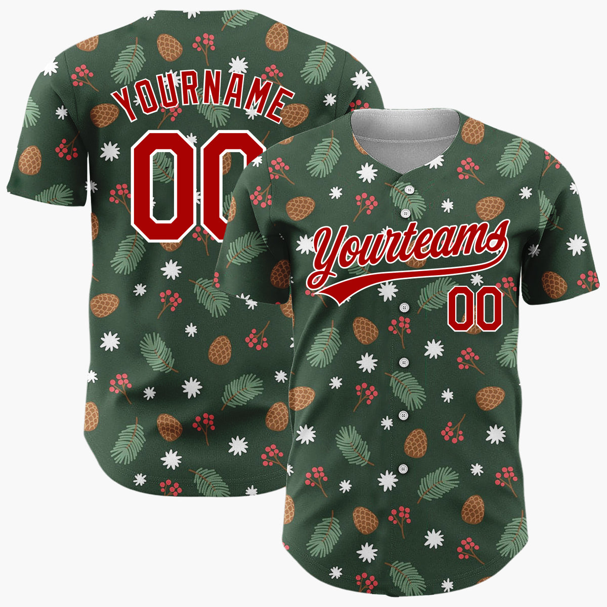 Custom Dark Green Pinecones Berries Minimalist Cartoon Pattern Christmas Baseball Jersey