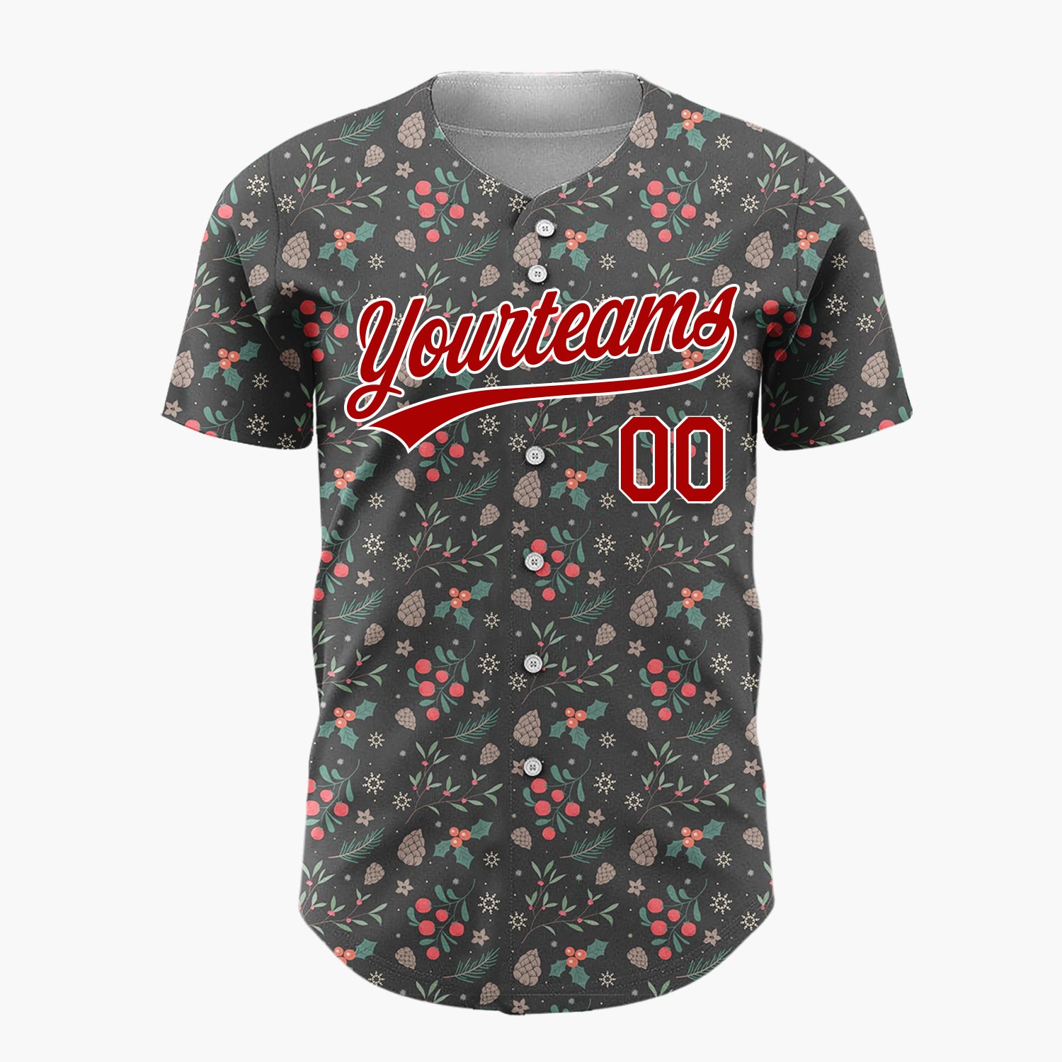 Custom Dark Gray Holly Berry And Acorn Cartoon Pattern Christmas Baseball Jersey