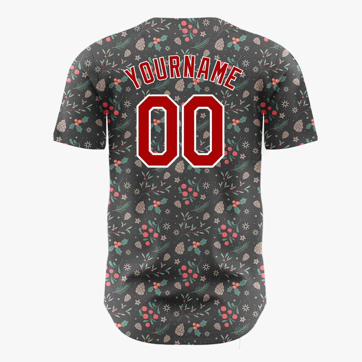 Custom Dark Gray Holly Berry And Acorn Cartoon Pattern Christmas Baseball Jersey