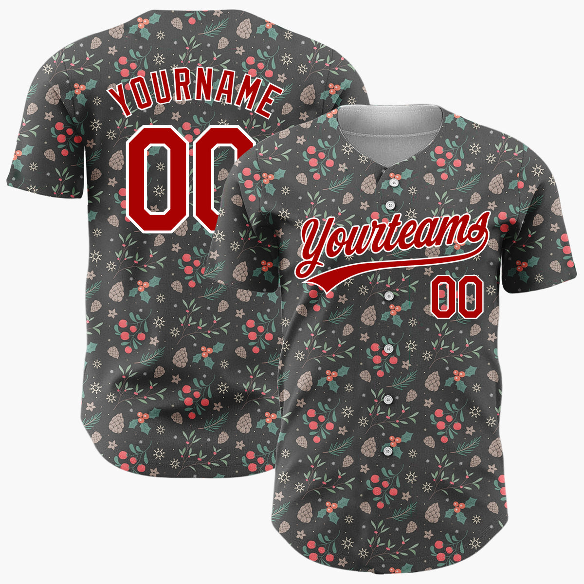 Custom Dark Gray Holly Berry And Acorn Cartoon Pattern Christmas Baseball Jersey