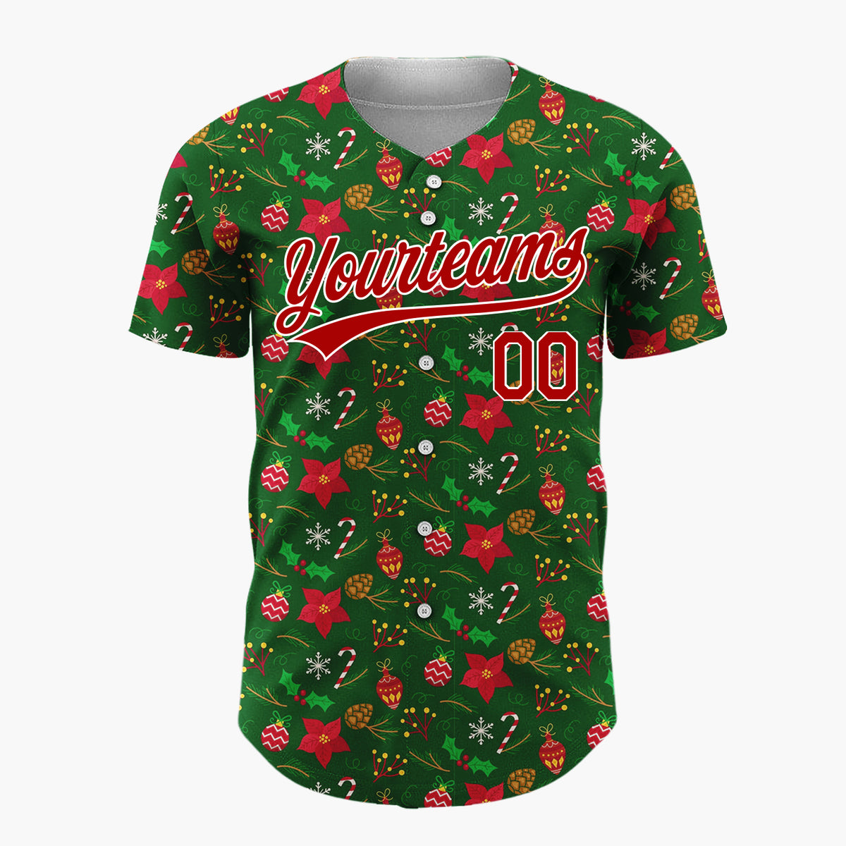 Custom Dark Green Holly Berries Classic Cartoon Pattern Christmas Baseball Jersey