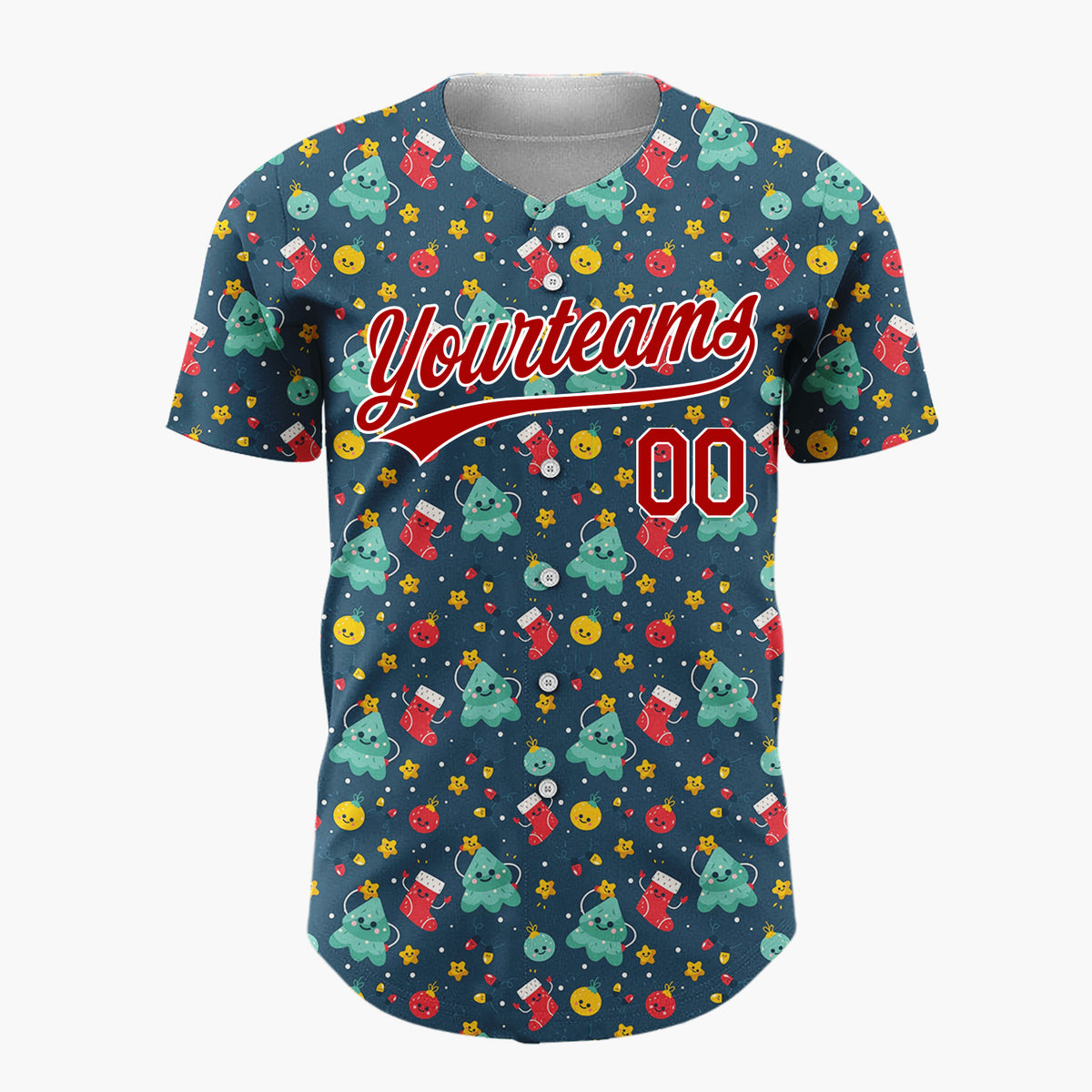 Custom Dark Blue Teal Red Cute Happy Trees And Stockings Whimsical Pattern Christmas Baseball Jersey