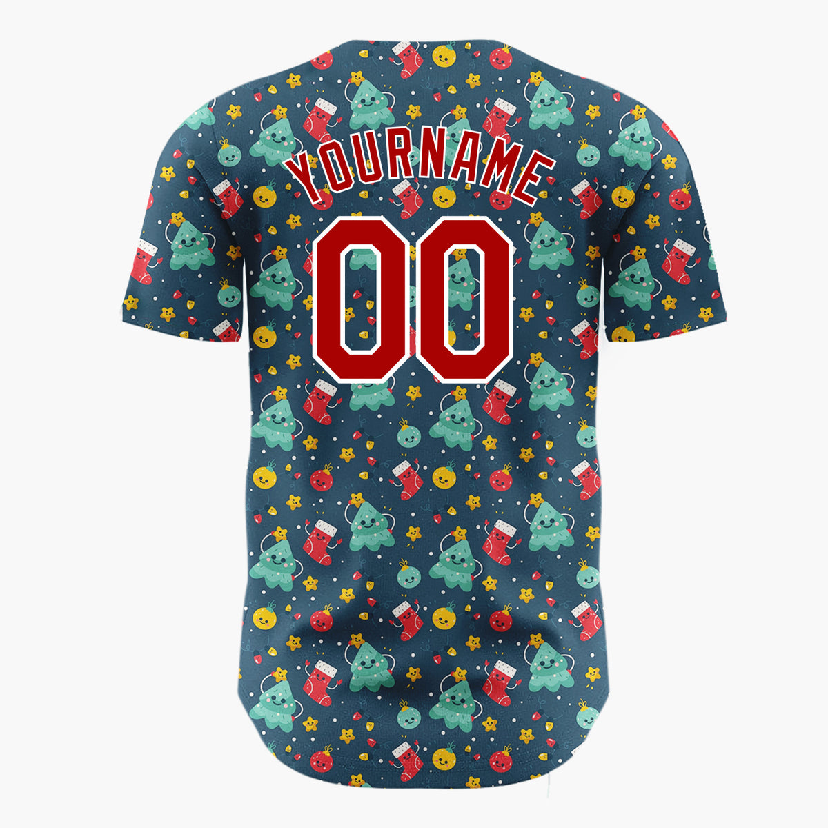 Custom Dark Blue Teal Red Cute Happy Trees And Stockings Whimsical Pattern Christmas Baseball Jersey