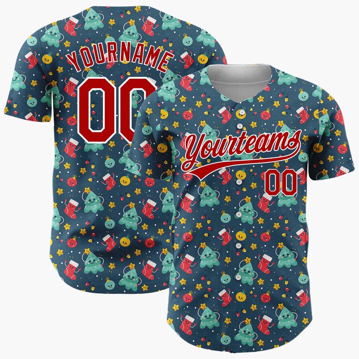 Custom Dark Blue Teal Red Cute Happy Trees And Stockings Whimsical Pattern Christmas Baseball Jersey