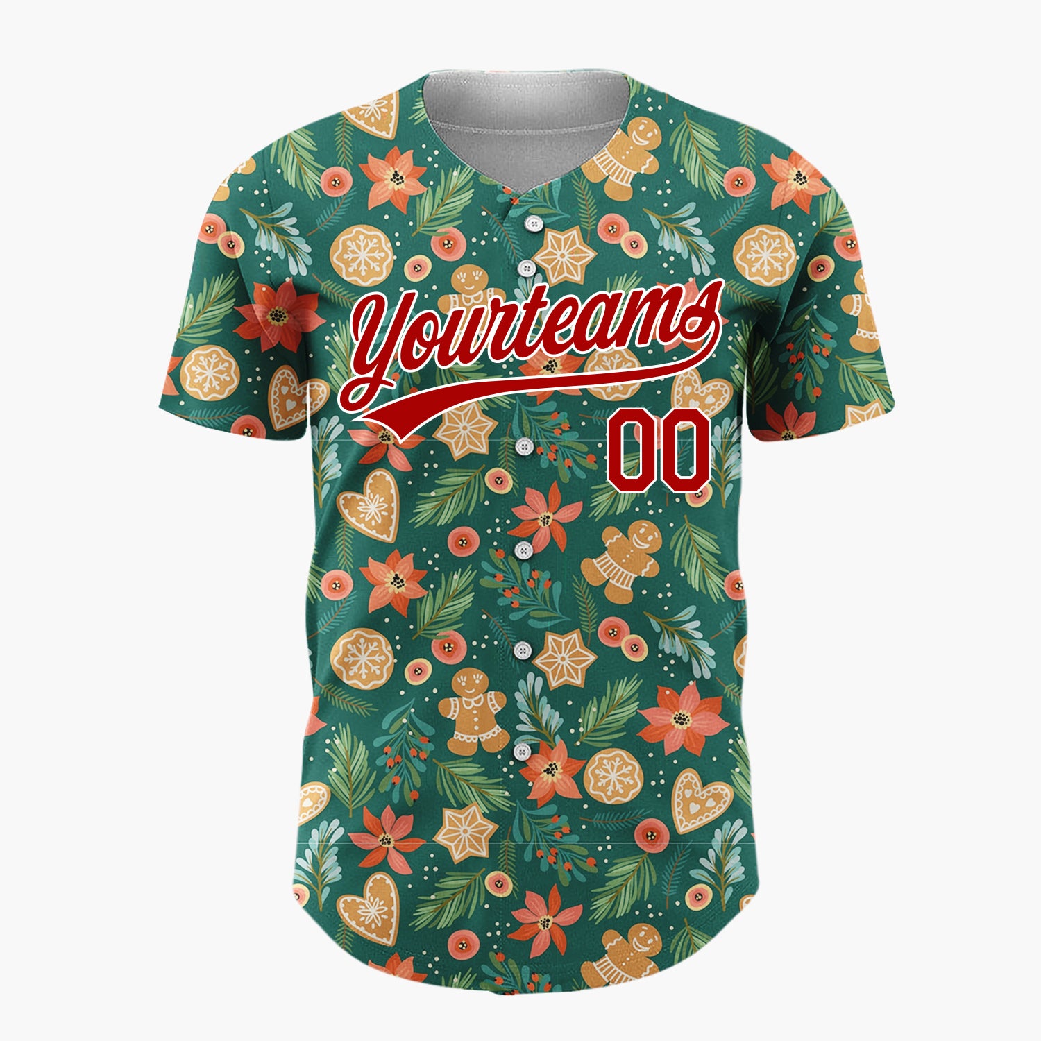 Custom Dark Green Christmas Flowers Botanicals Cartoon Pattern Christmas Baseball Jersey