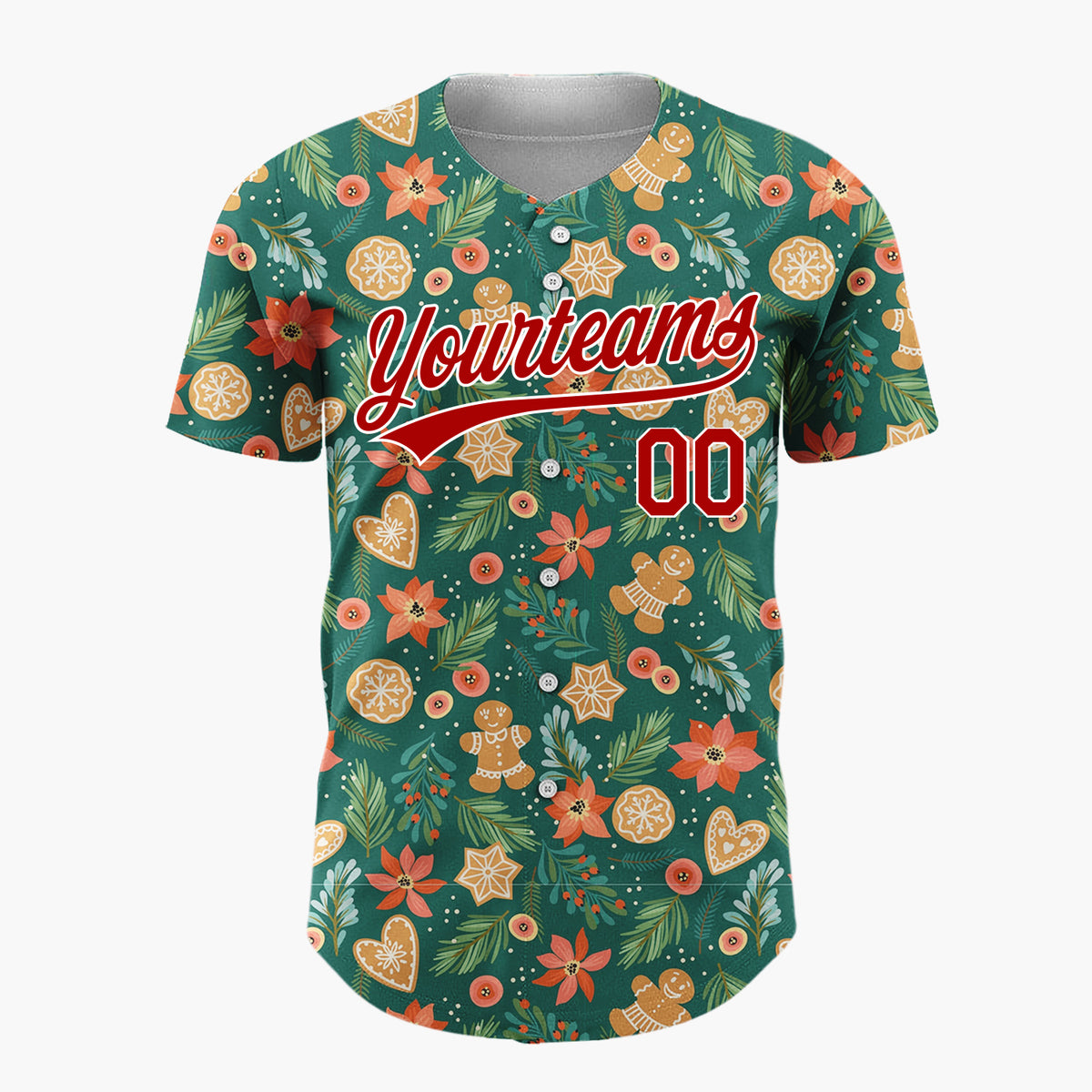 Custom Dark Green Christmas Flowers Botanicals Cartoon Pattern Christmas Baseball Jersey