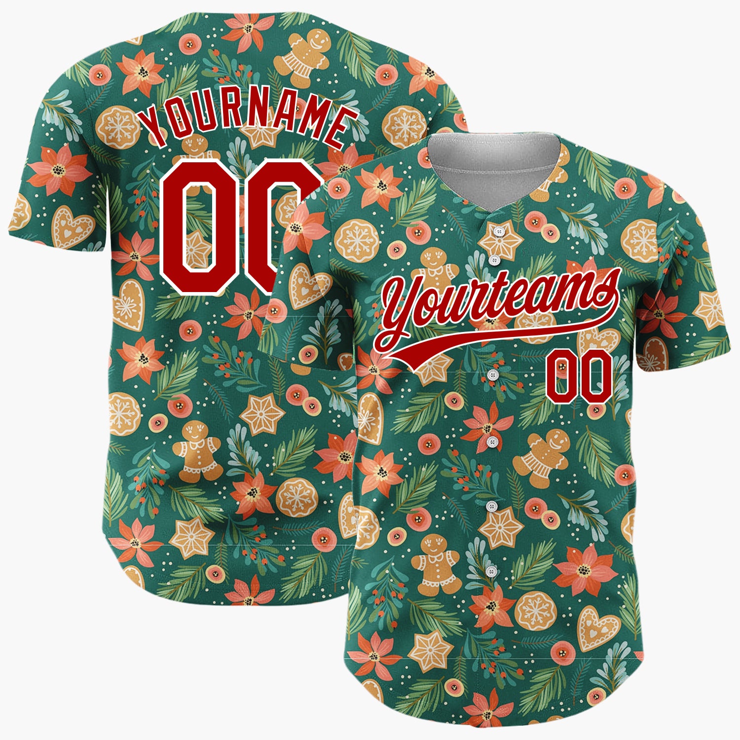 Custom Dark Green Christmas Flowers Botanicals Cartoon Pattern Christmas Baseball Jersey