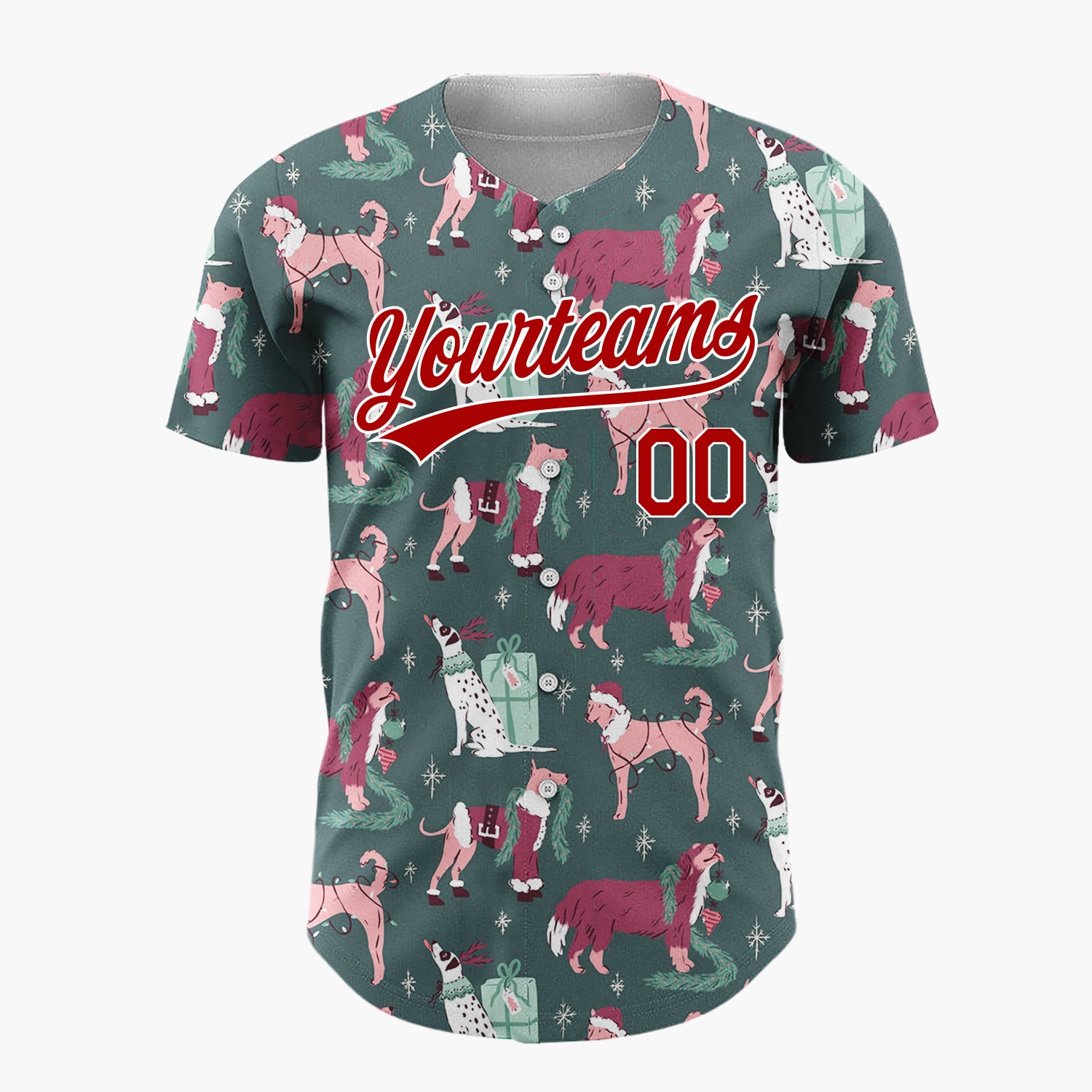 Custom Dark Green Pink Dogs With Presents And Santa Hats Cozy Christmas Baseball Jersey