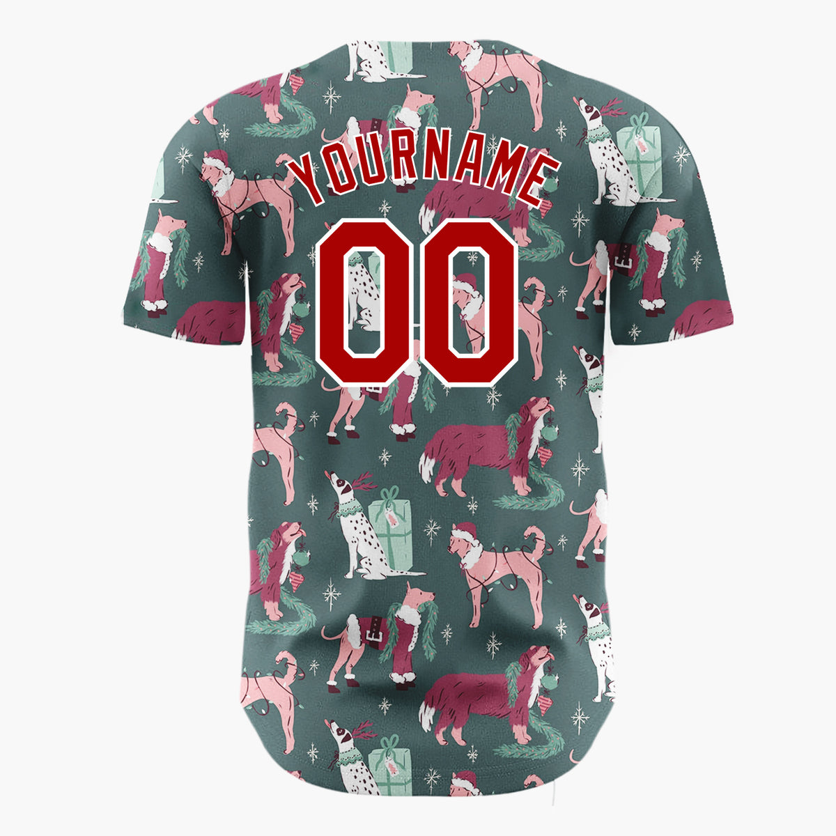 Custom Dark Green Pink Dogs With Presents And Santa Hats Cozy Christmas Baseball Jersey