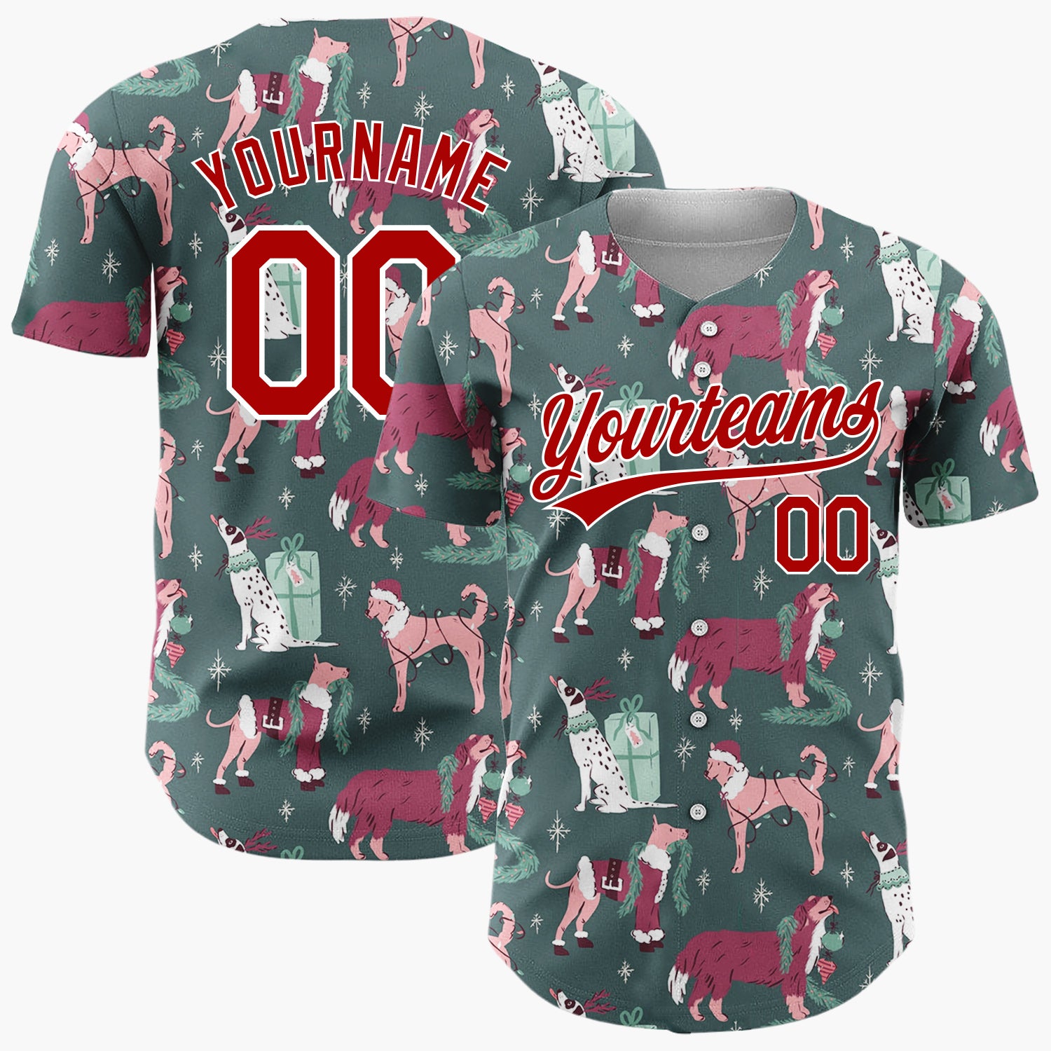 Custom Dark Green Pink Dogs With Presents And Santa Hats Cozy Christmas Baseball Jersey