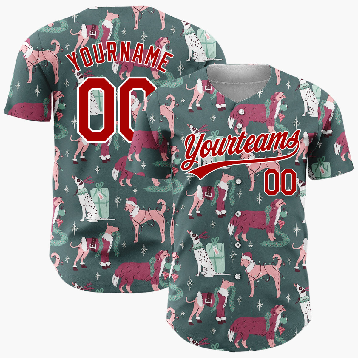 Custom Dark Green Pink Dogs With Presents And Santa Hats Cozy Christmas Baseball Jersey