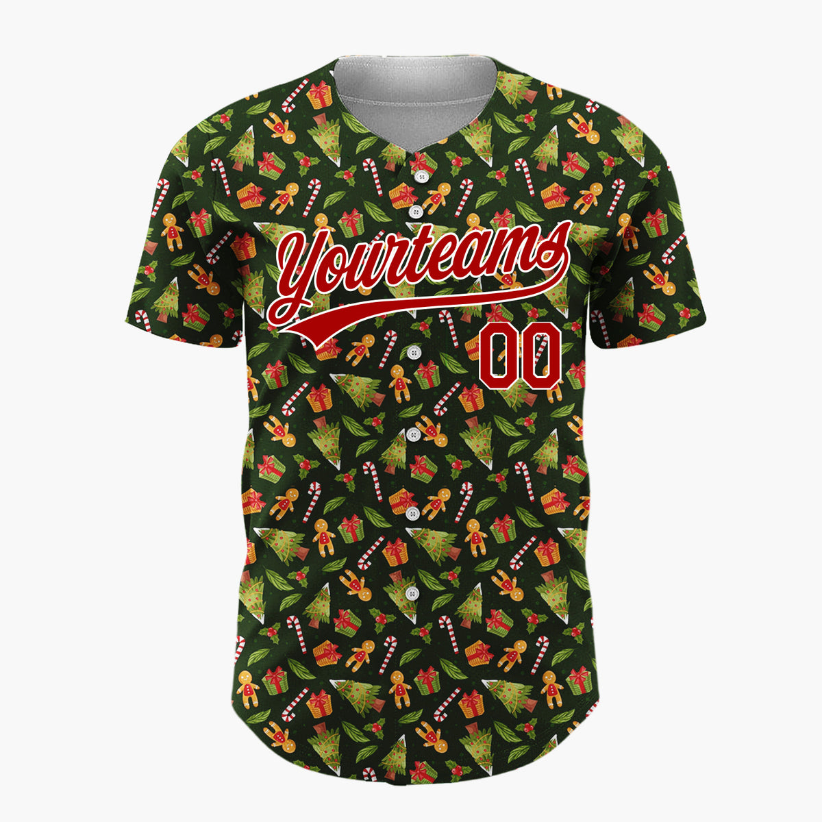 Custom Dark Green Christmas Tree And Gift Cartoon Pattern Christmas Baseball Jersey