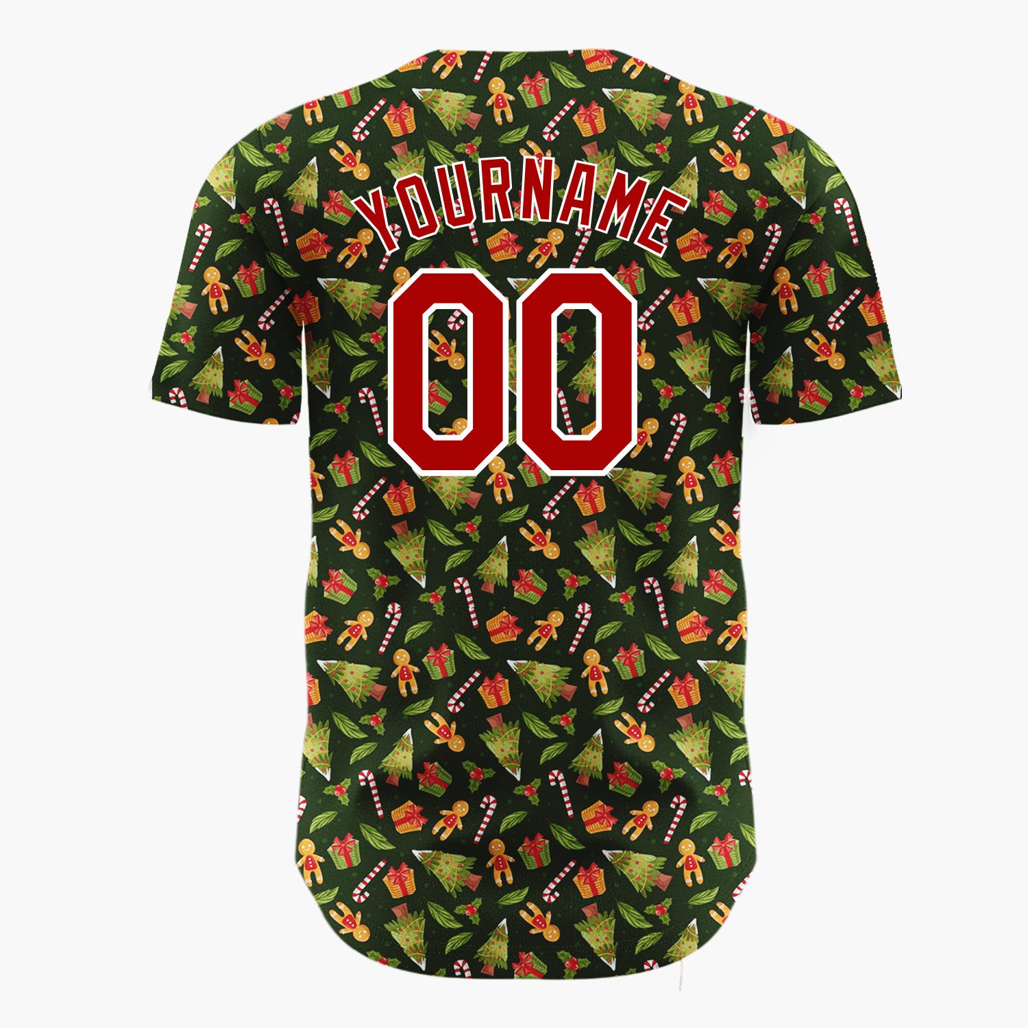 Custom Dark Green Christmas Tree And Gift Cartoon Pattern Christmas Baseball Jersey