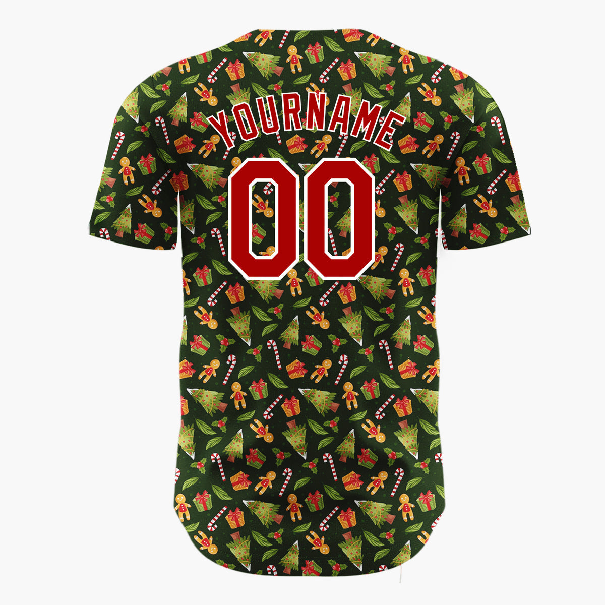 Custom Dark Green Christmas Tree And Gift Cartoon Pattern Christmas Baseball Jersey