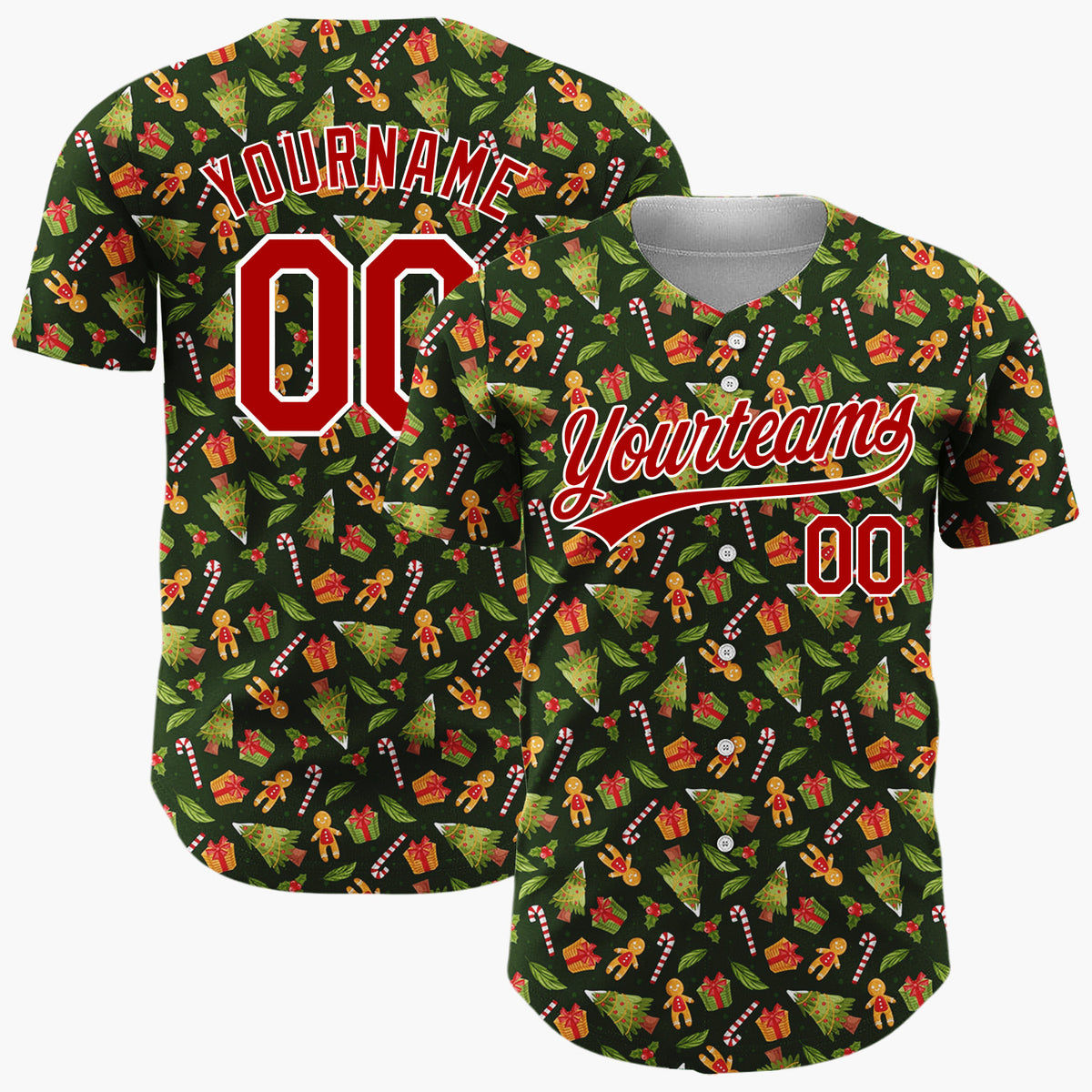 Custom Dark Green Christmas Tree And Gift Cartoon Pattern Christmas Baseball Jersey