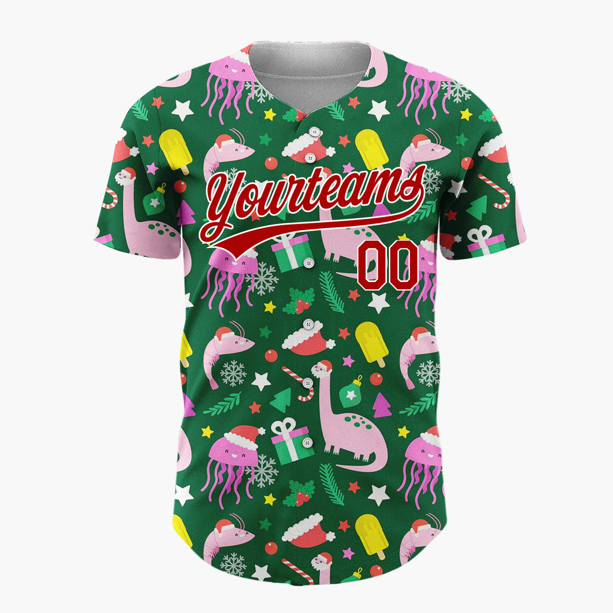 Custom Dark Green Dinosaurs Jellyfish And Gifts Funny Holiday Pattern Christmas Baseball Jersey