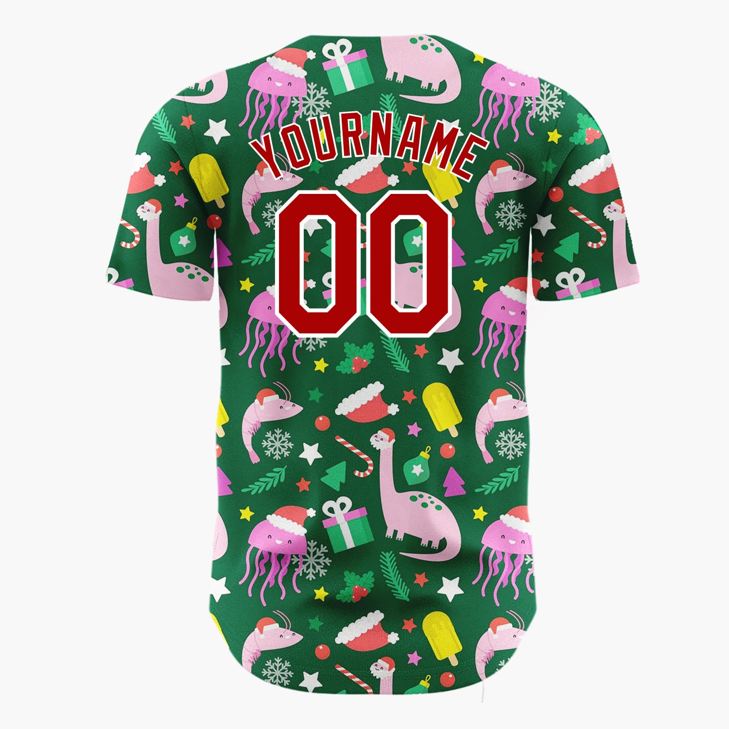 Custom Dark Green Dinosaurs Jellyfish And Gifts Funny Holiday Pattern Christmas Baseball Jersey