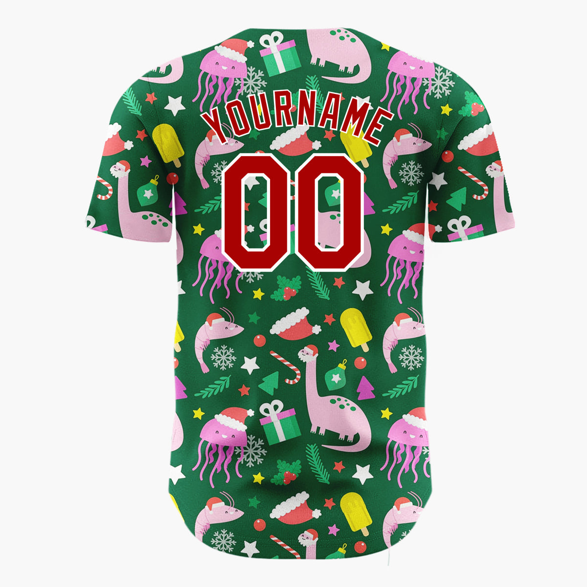 Custom Dark Green Dinosaurs Jellyfish And Gifts Funny Holiday Pattern Christmas Baseball Jersey