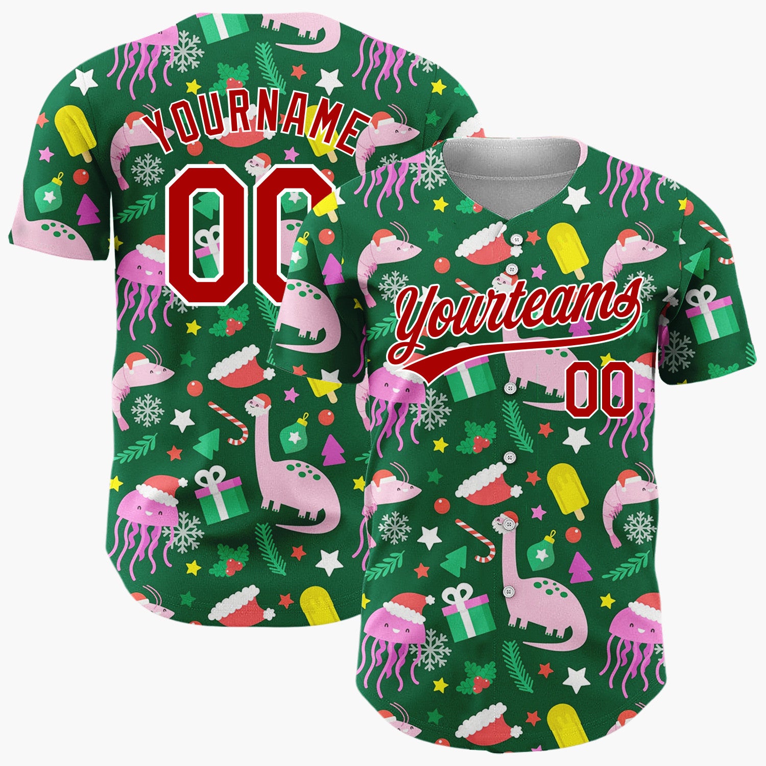 Custom Dark Green Dinosaurs Jellyfish And Gifts Funny Holiday Pattern Christmas Baseball Jersey