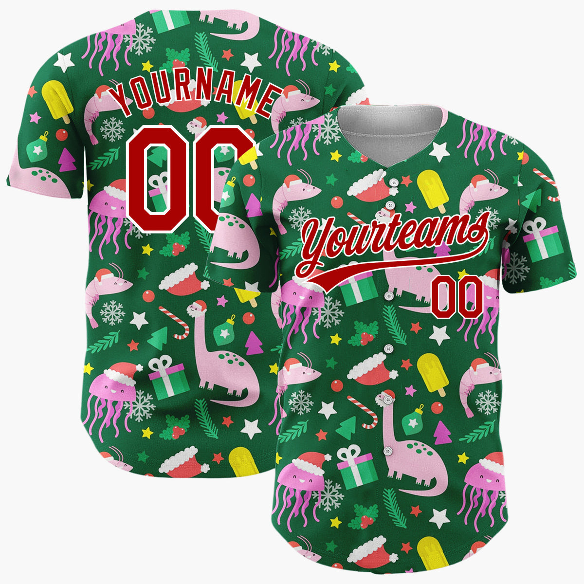 Custom Dark Green Dinosaurs Jellyfish And Gifts Funny Holiday Pattern Christmas Baseball Jersey