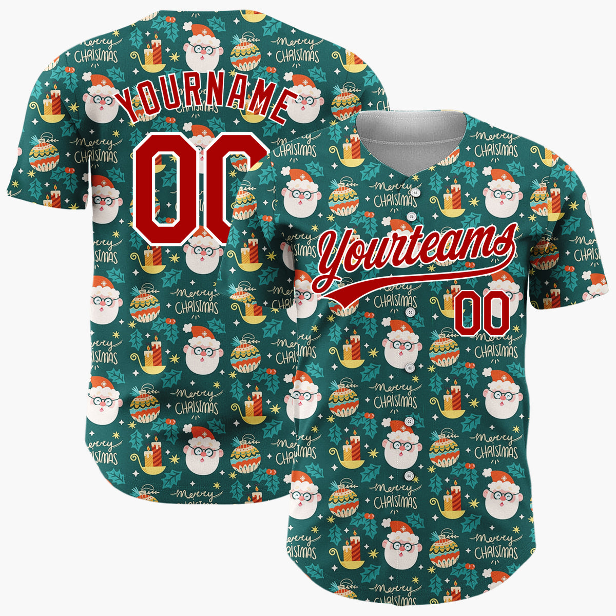 Custom Dark Green Merry Christmas Text Doodles Cartoon Pattern Christmas Baseball Jersey