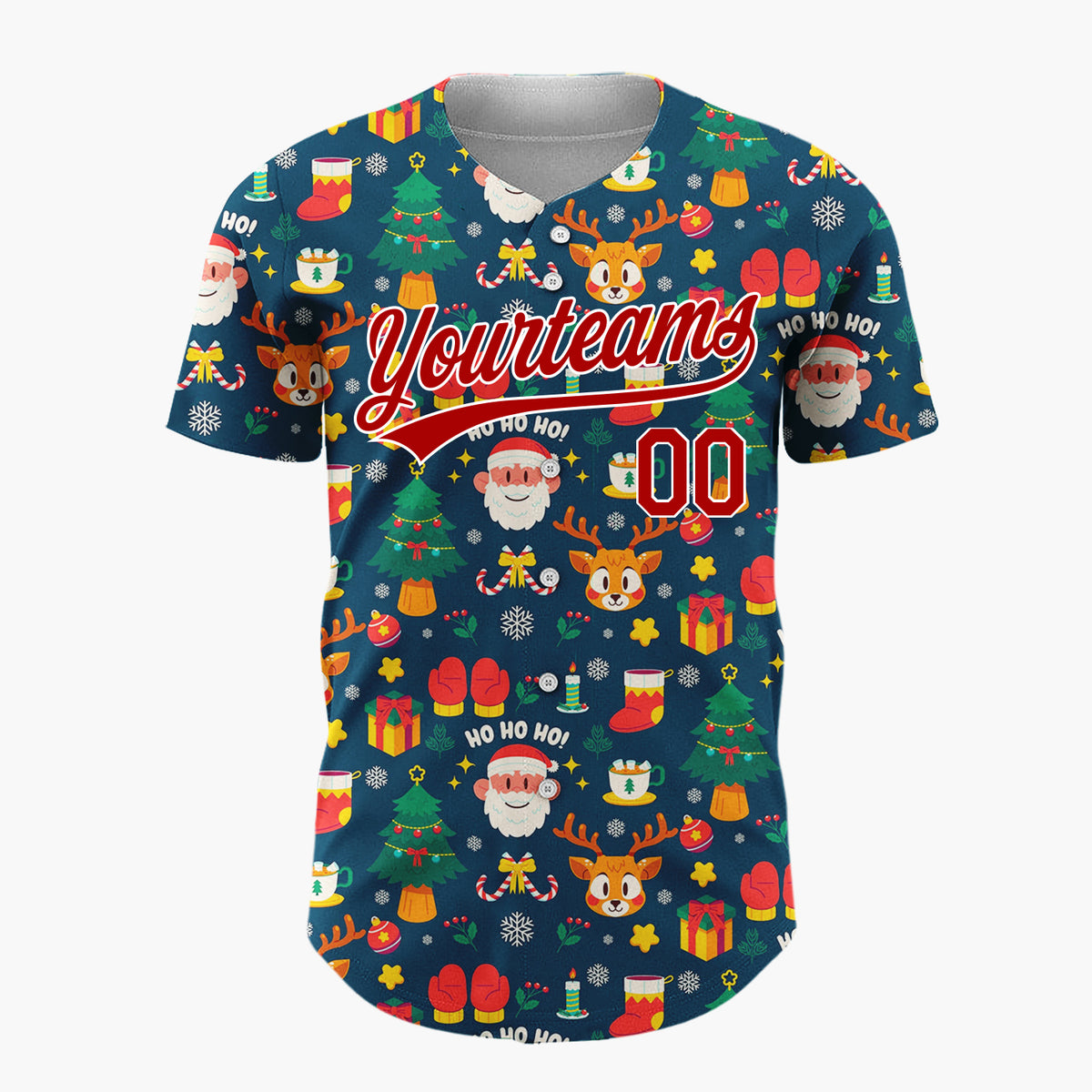 Custom Dark Blue Santa Reindeer Cartoon Pattern Christmas Baseball Jersey