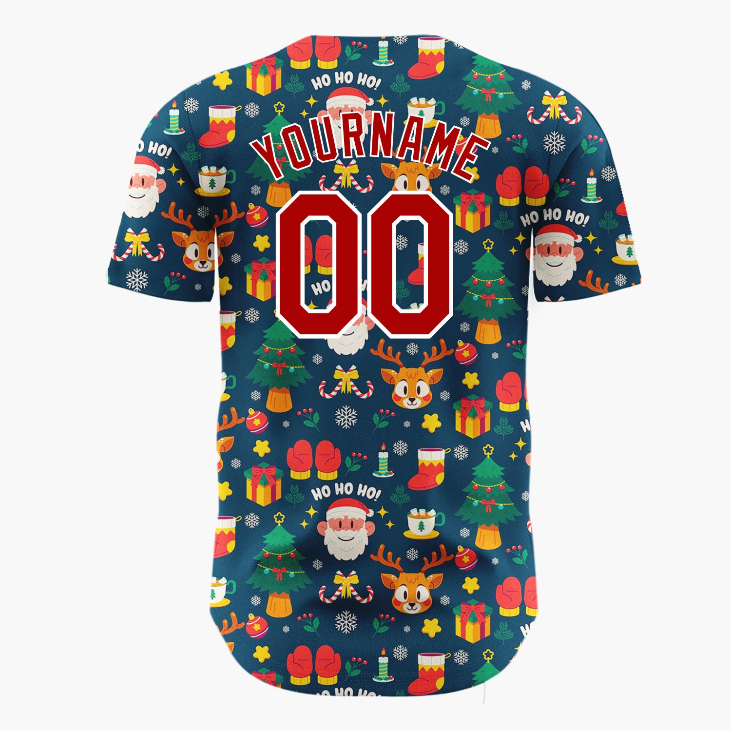 Custom Dark Blue Santa Reindeer Cartoon Pattern Christmas Baseball Jersey