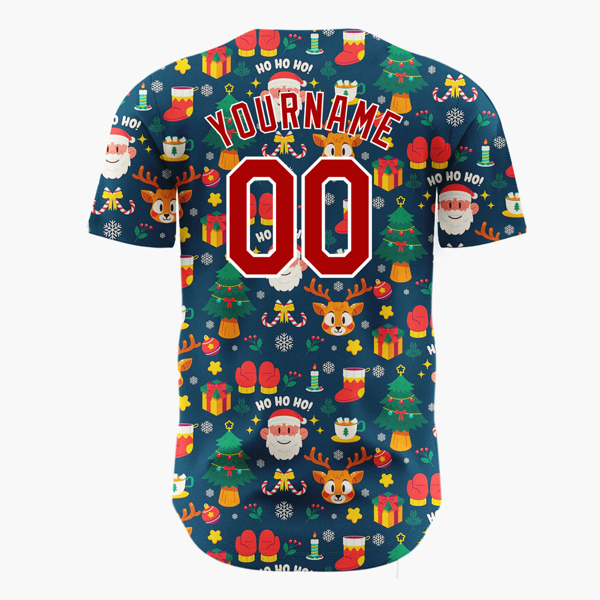 Custom Dark Blue Santa Reindeer Cartoon Pattern Christmas Baseball Jersey