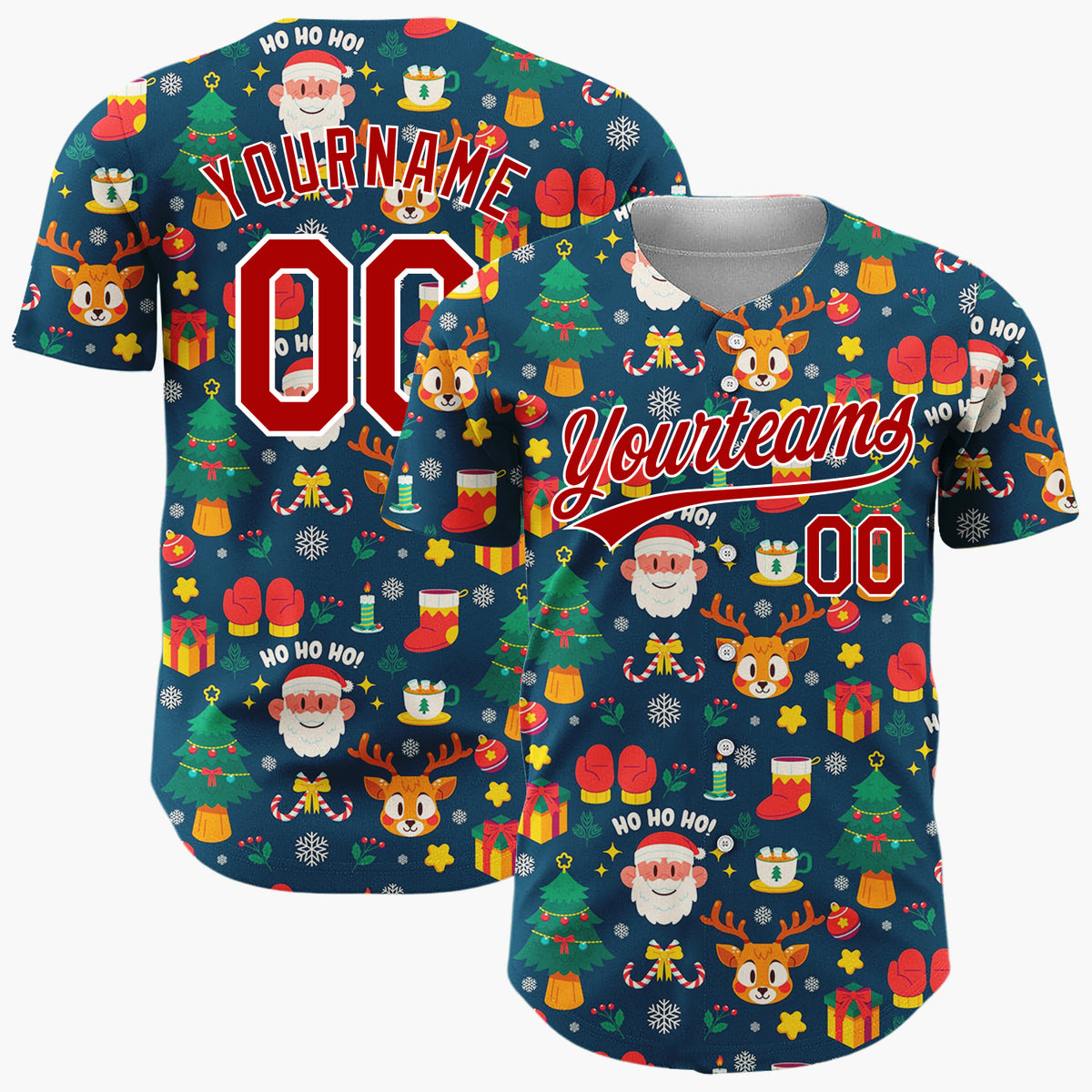 Custom Dark Blue Santa Reindeer Cartoon Pattern Christmas Baseball Jersey