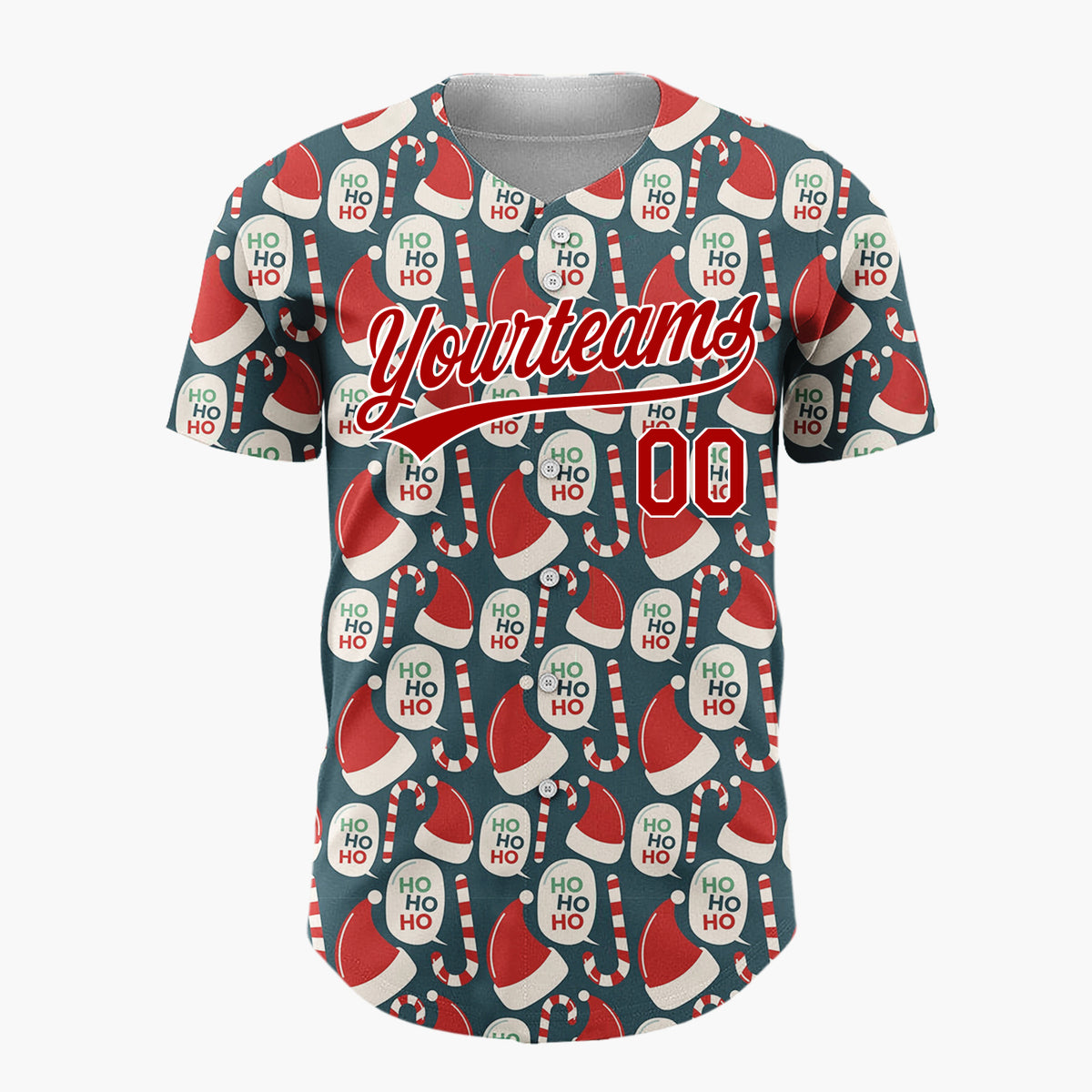 Custom Dark Blue Red Santa Hats Candy Canes Ho Ho Retro Christmas Baseball Jersey