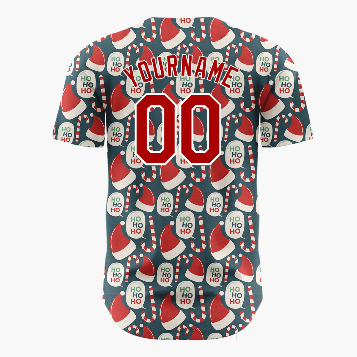 Custom Dark Blue Red Santa Hats Candy Canes Ho Ho Retro Christmas Baseball Jersey