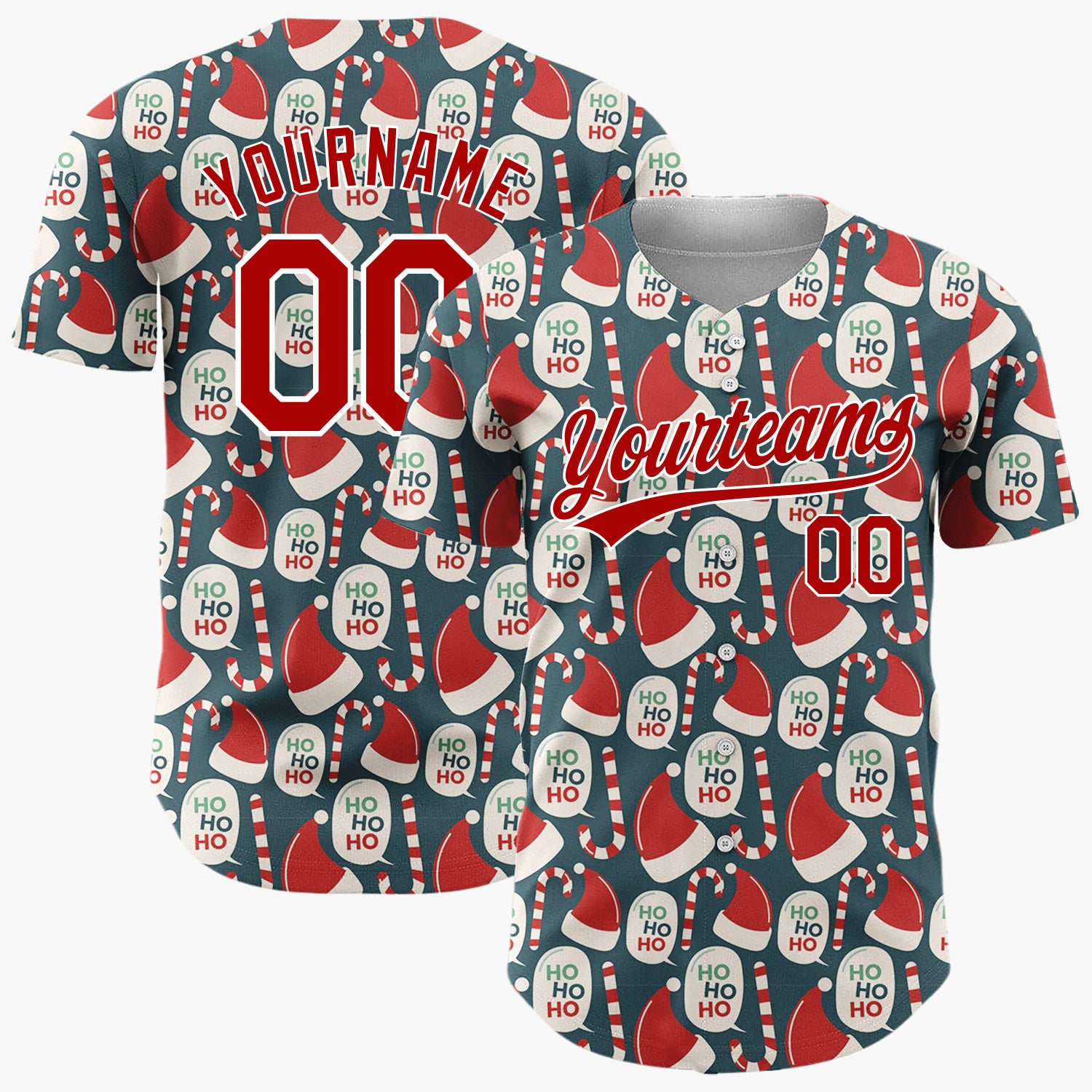 Custom Dark Blue Red Santa Hats Candy Canes Ho Ho Retro Christmas Baseball Jersey