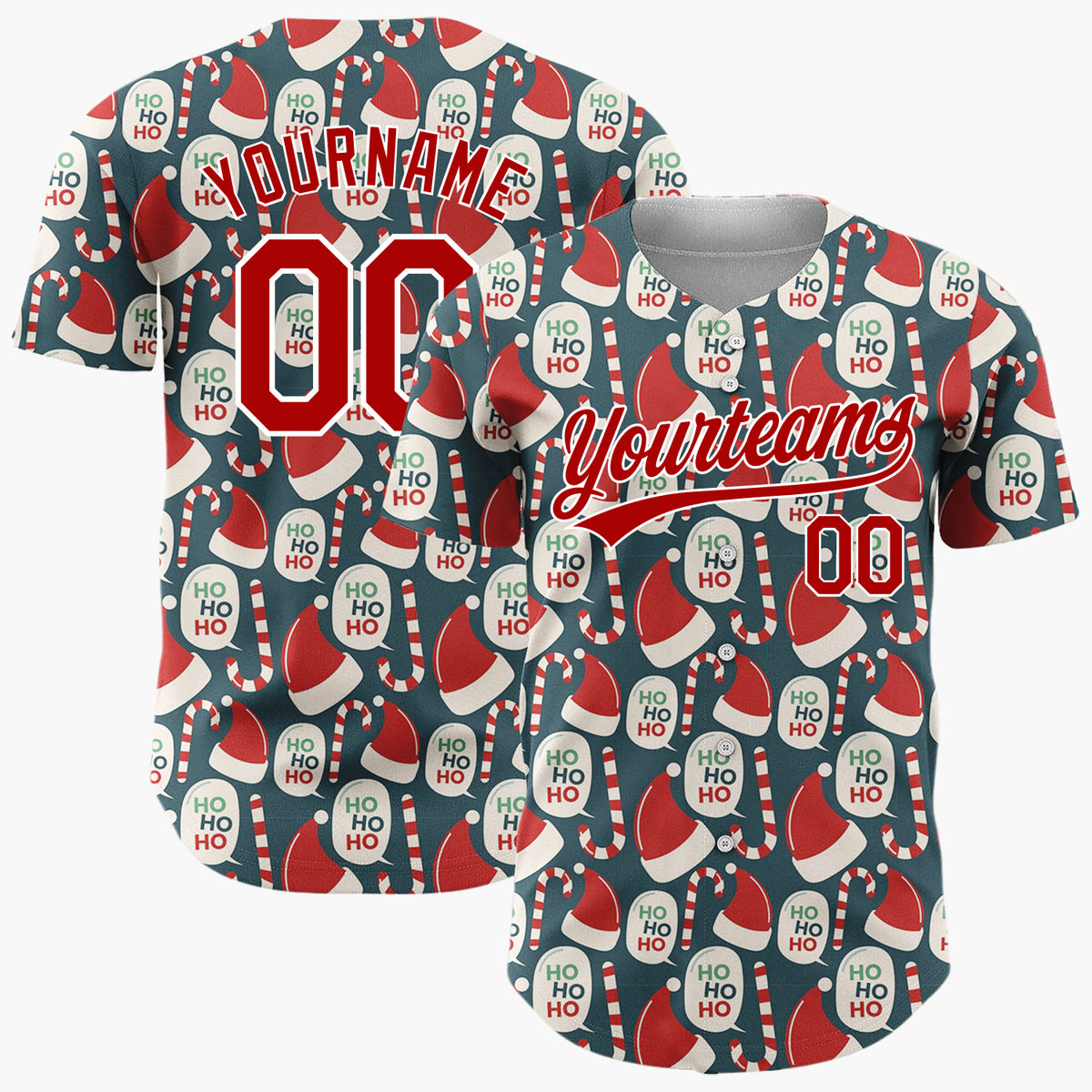 Custom Dark Blue Red Santa Hats Candy Canes Ho Ho Retro Christmas Baseball Jersey