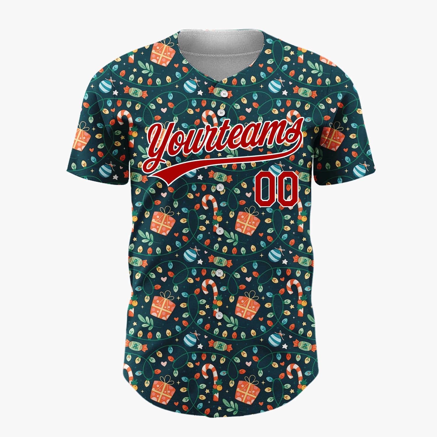 Custom Dark Green Holly Berries Festive Cartoon Pattern Christmas Baseball Jersey