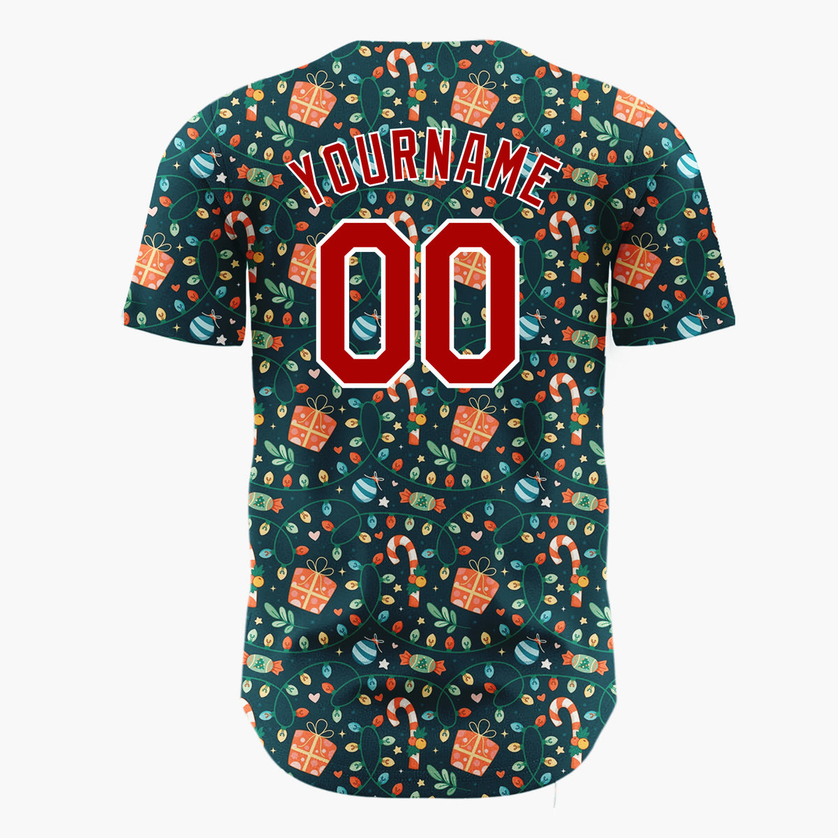 Custom Dark Green Holly Berries Festive Cartoon Pattern Christmas Baseball Jersey