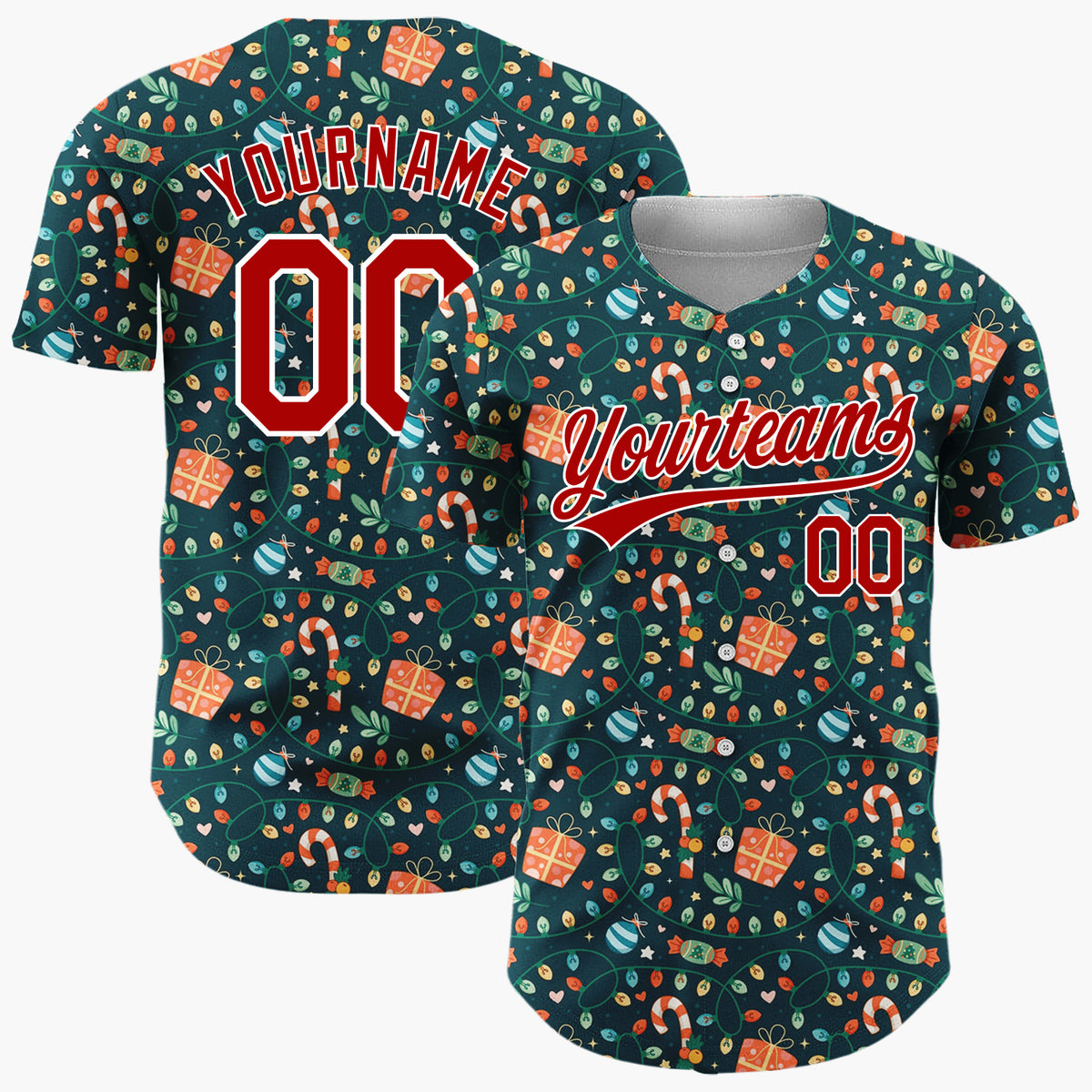 Custom Dark Green Holly Berries Festive Cartoon Pattern Christmas Baseball Jersey